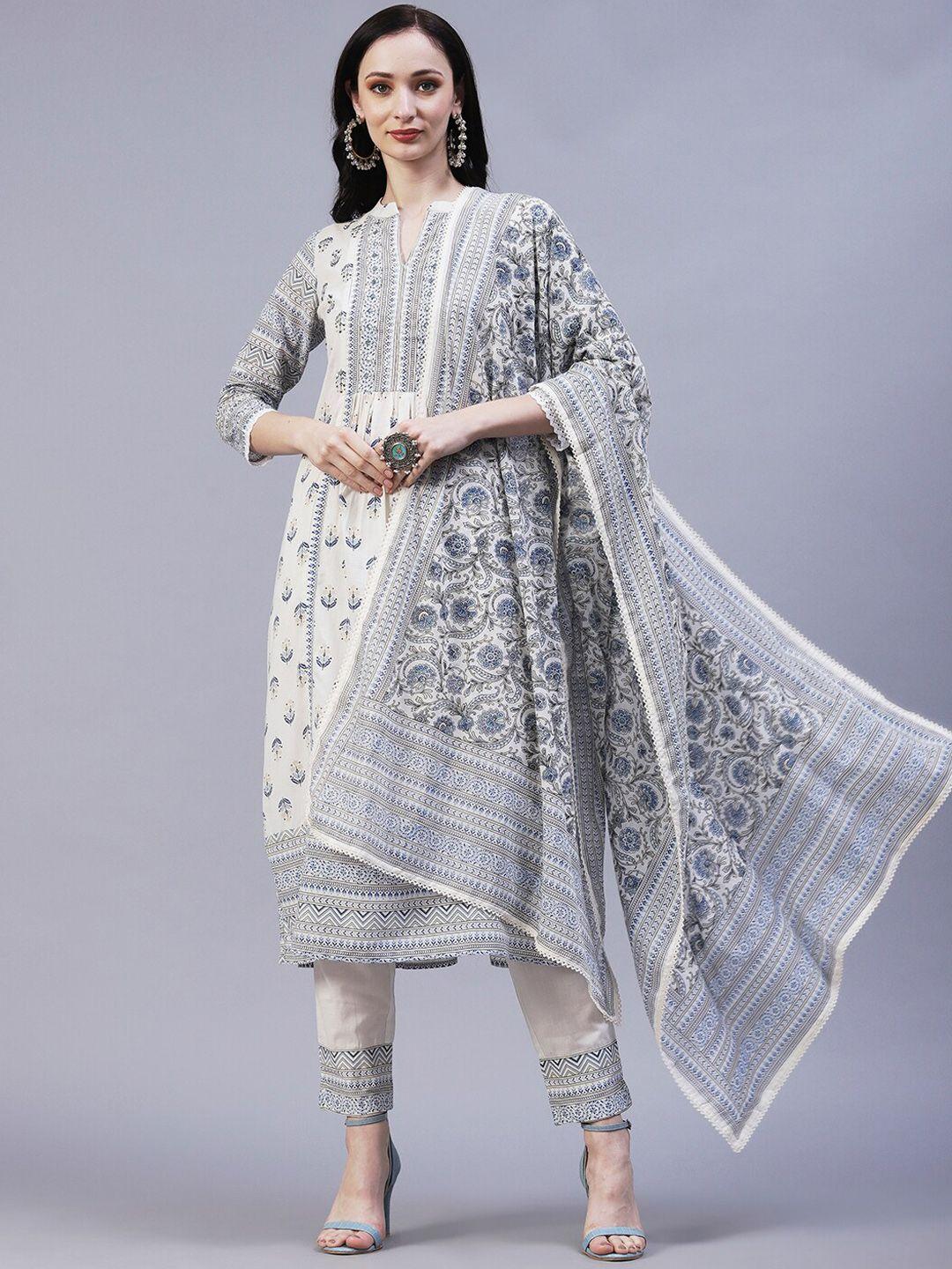 fashor ethnic motifs printed a-line pure cotton kurta with trousers & dupatta