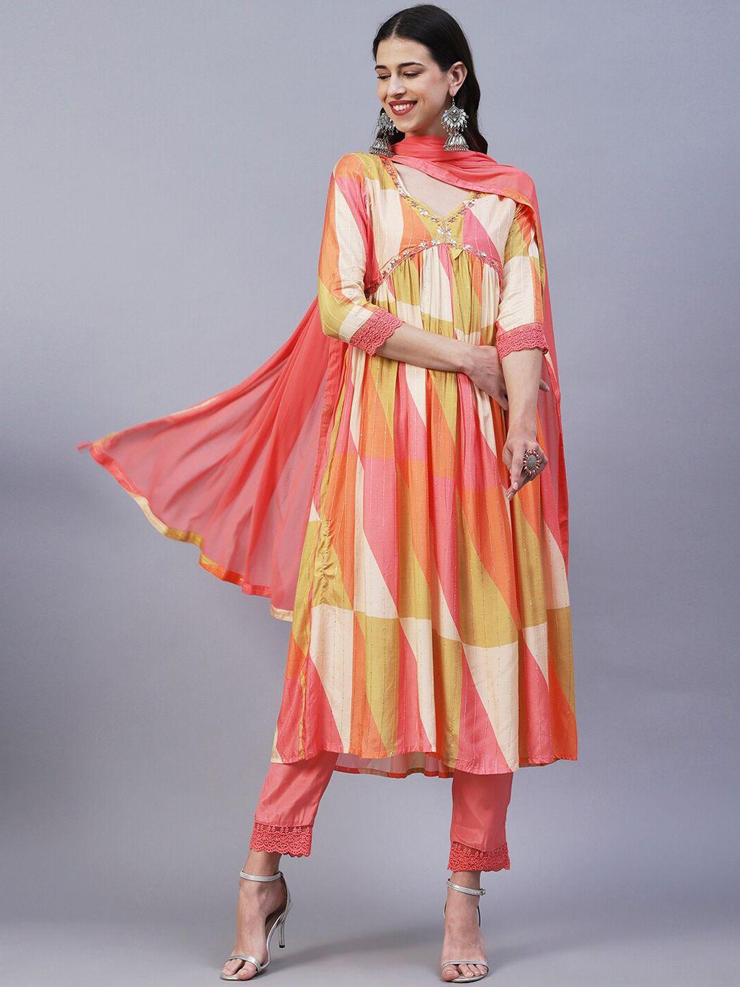 fashor geometric embroidered v-neck a-line kurta with trousers & with dupatta