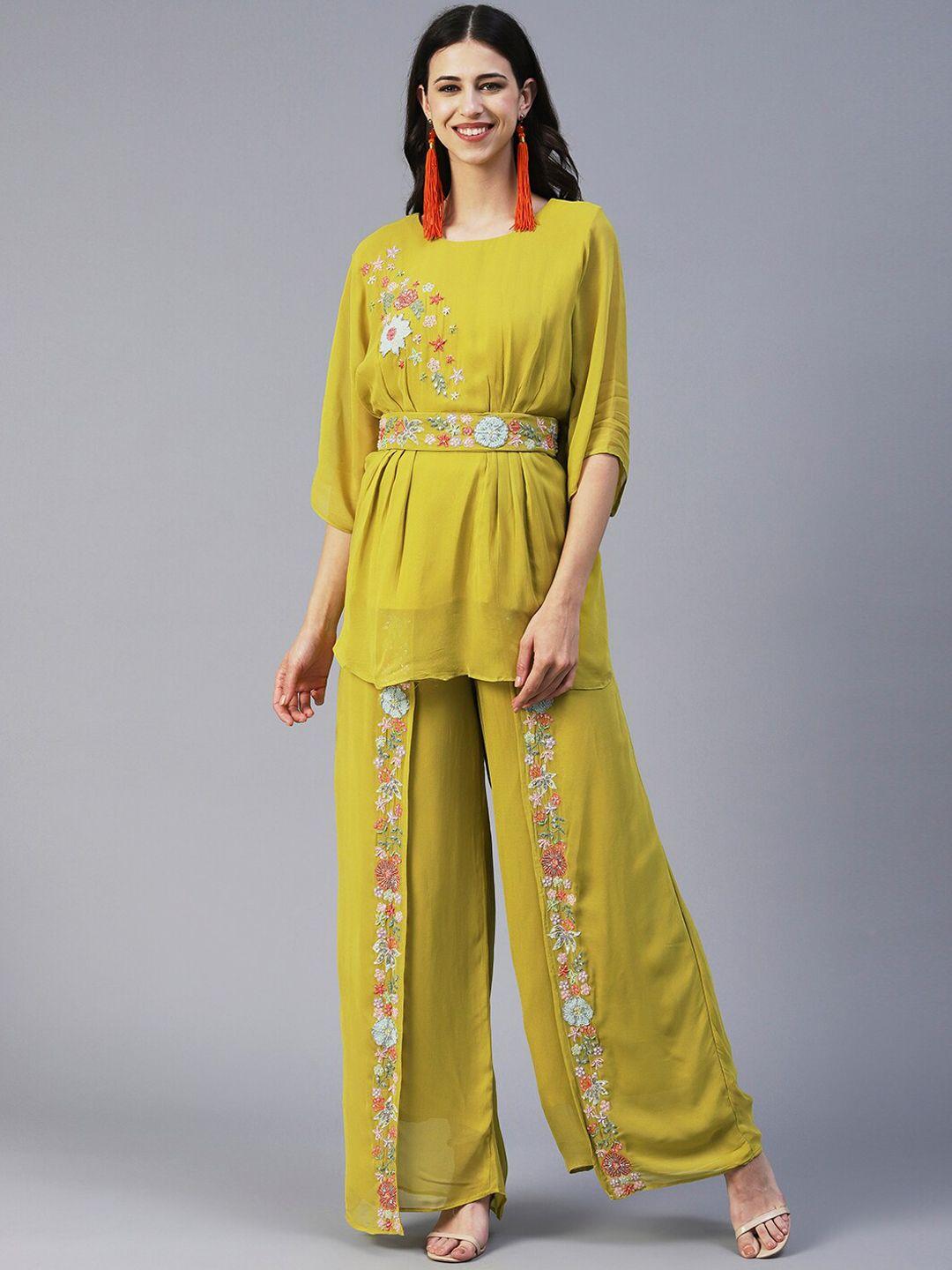 fashor floral hand embroidered co-ord set with belt