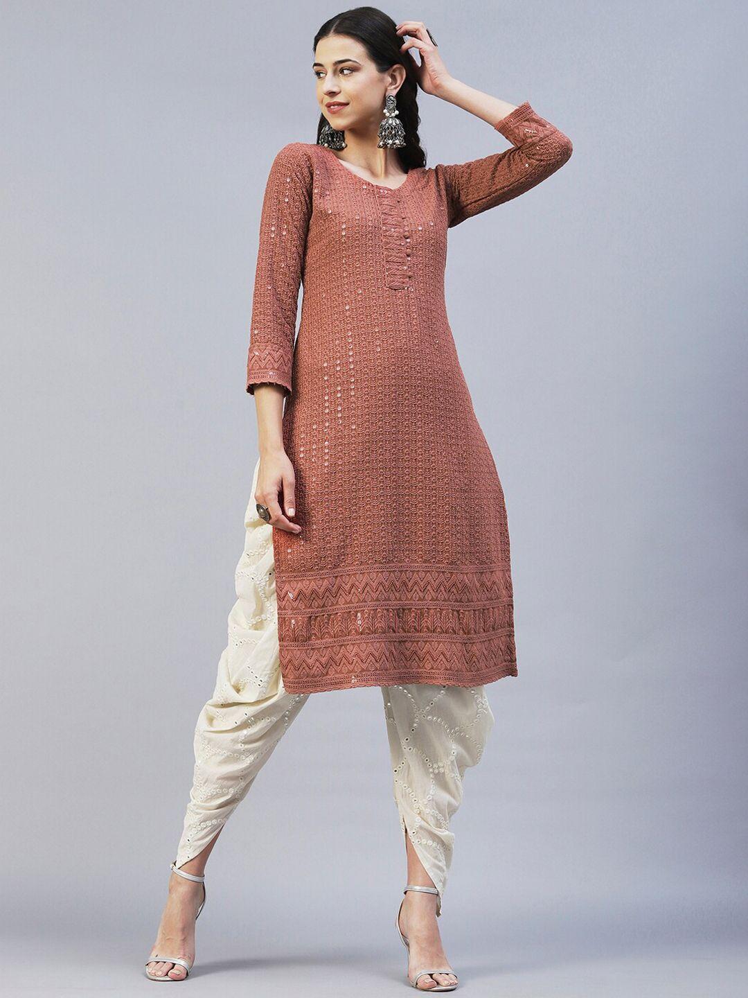 fashor ethnic motifs chikankari embroidered mirror work kurta