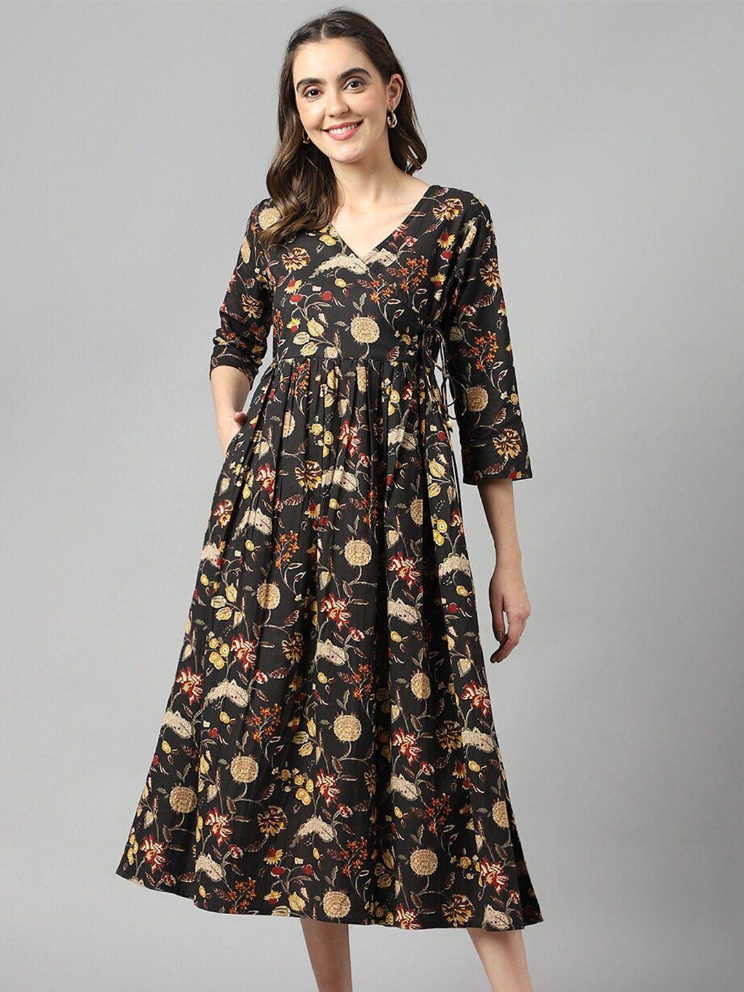 deckedup v-neck ethnic motifs printed midi fit & flared dress