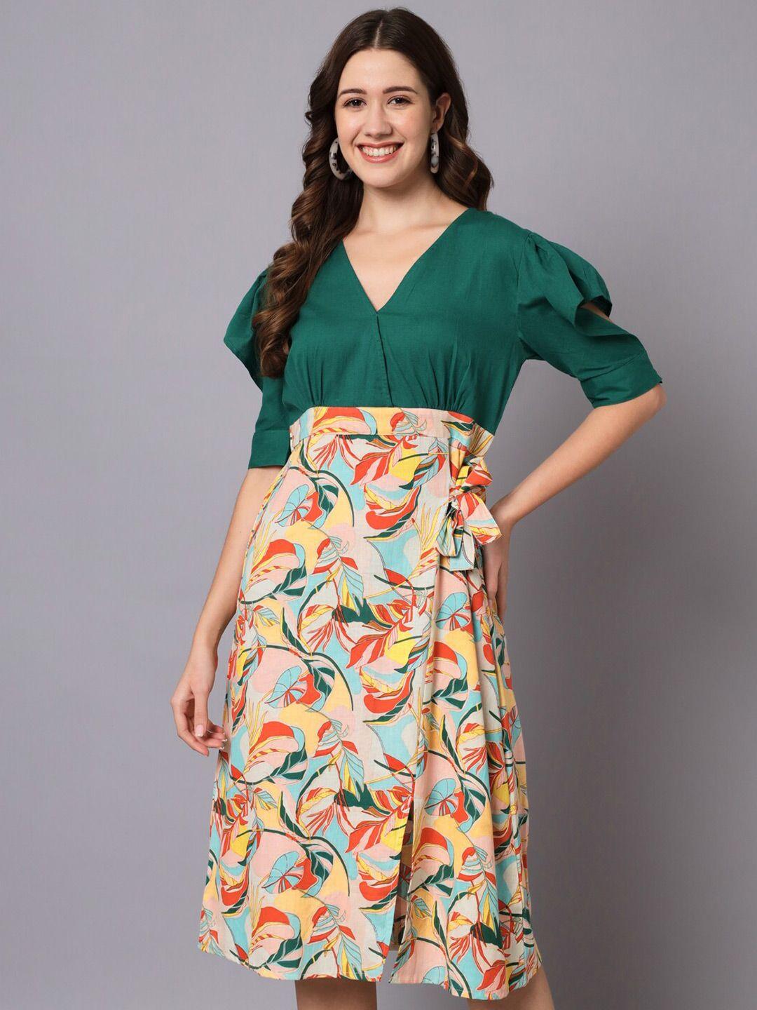 the dry state v-neck floral printed a-line cotton midi dress