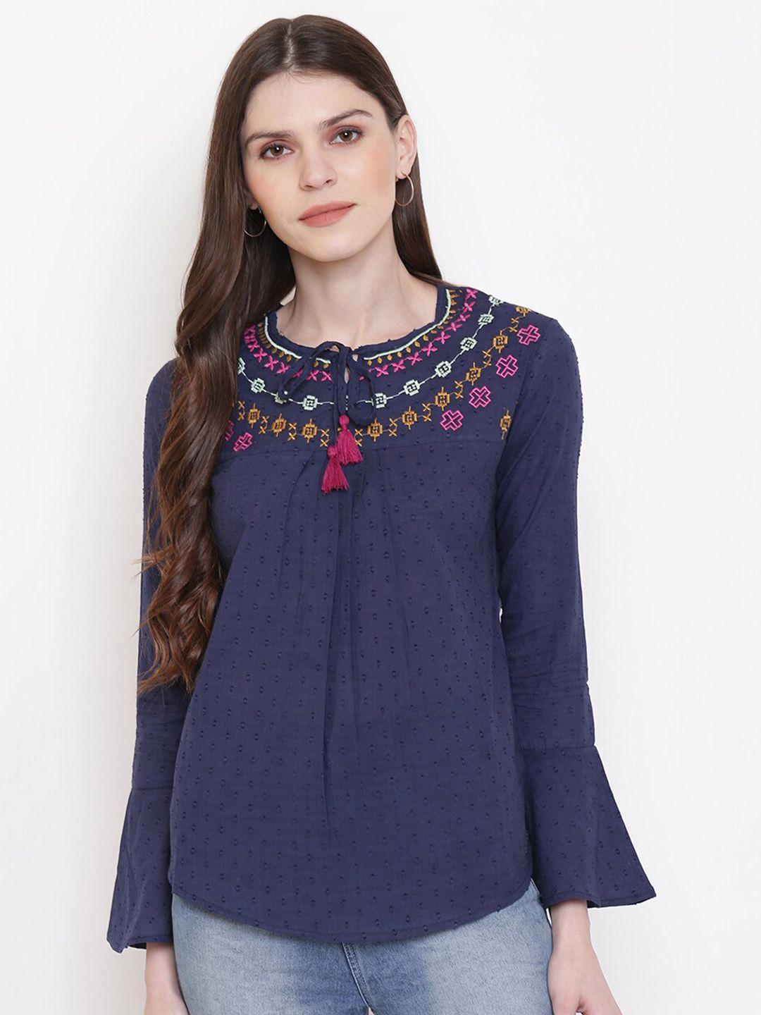 mayra embroidered dobby tie-up neck bell sleeves a-line top