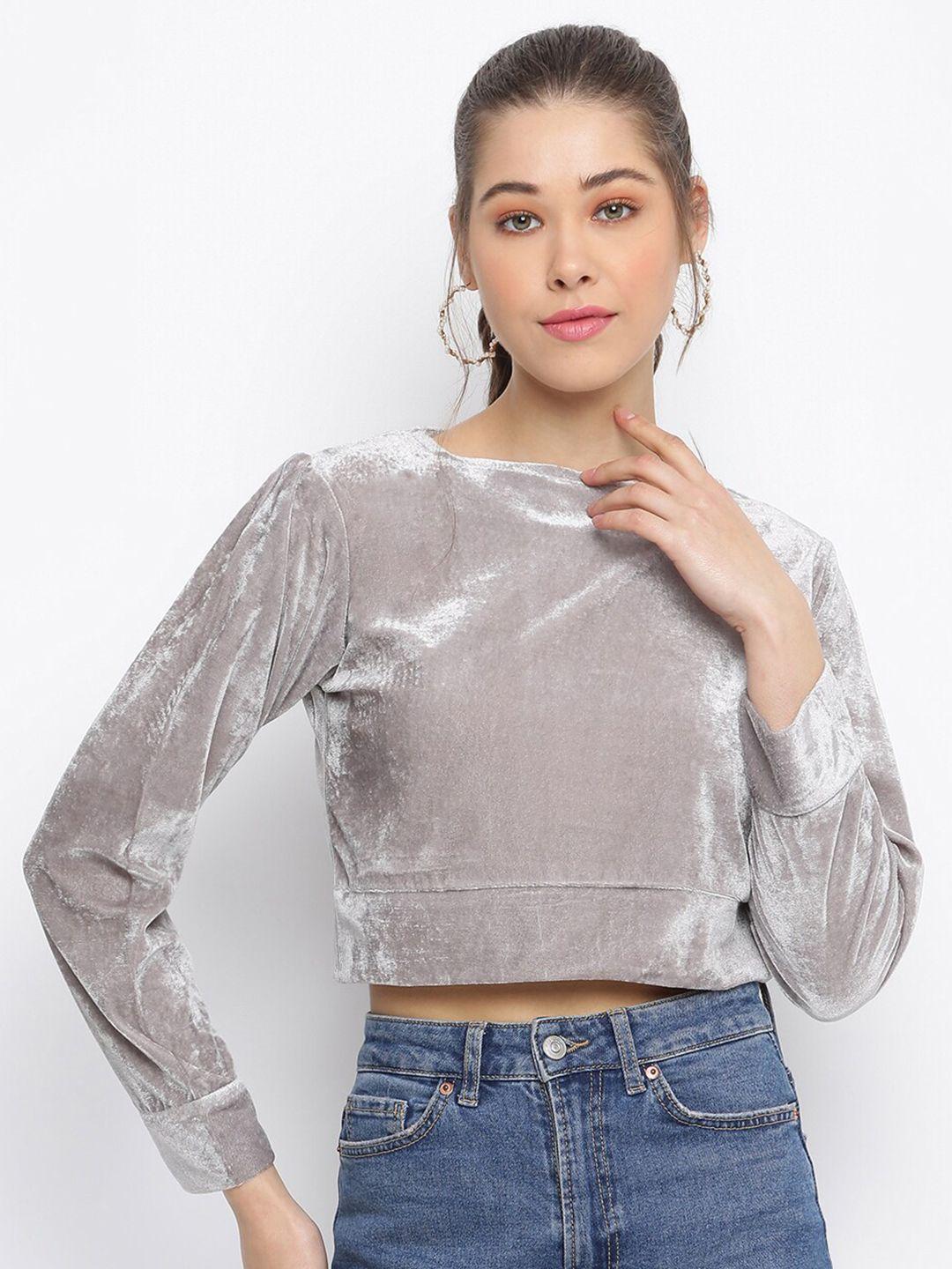 mayra boat neck cuffed sleeves velvet crop top