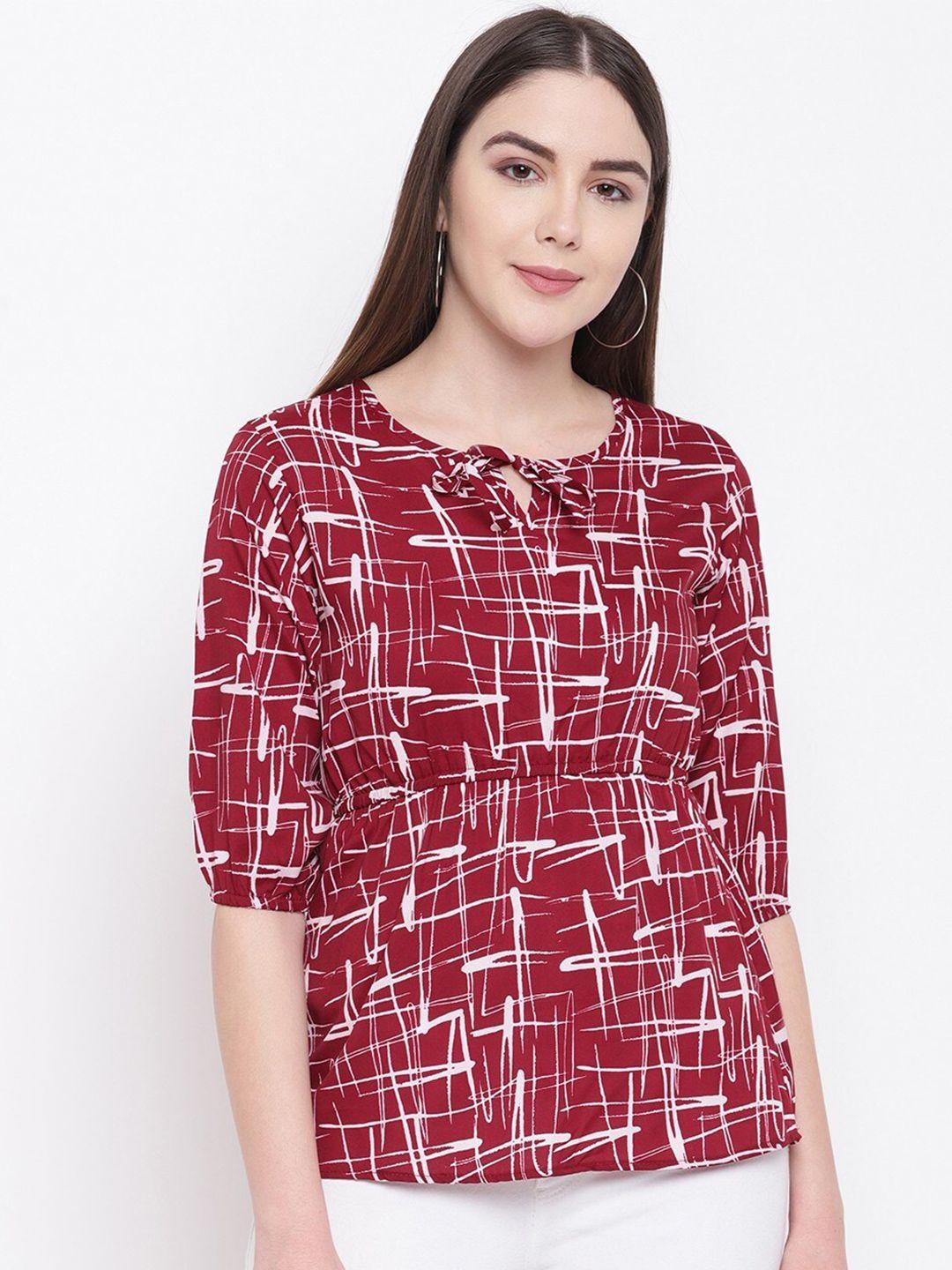 rivi abstract printed tie up neck crepe cinched waist top