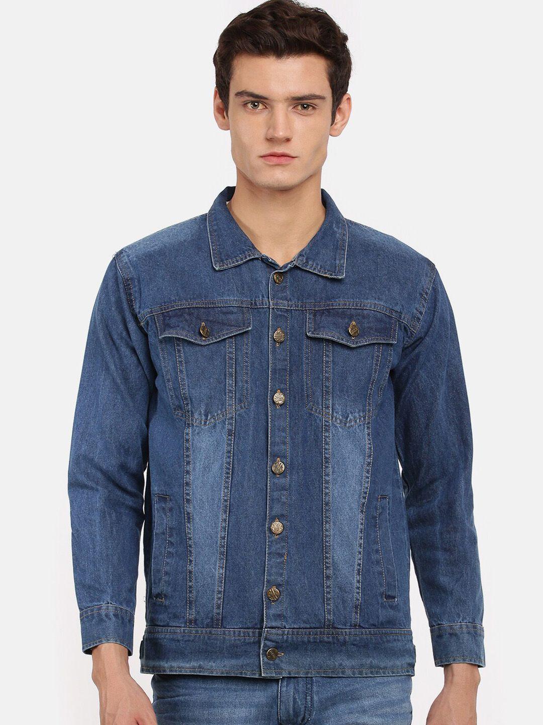 voxati men washed cotton spread collar denim jacket