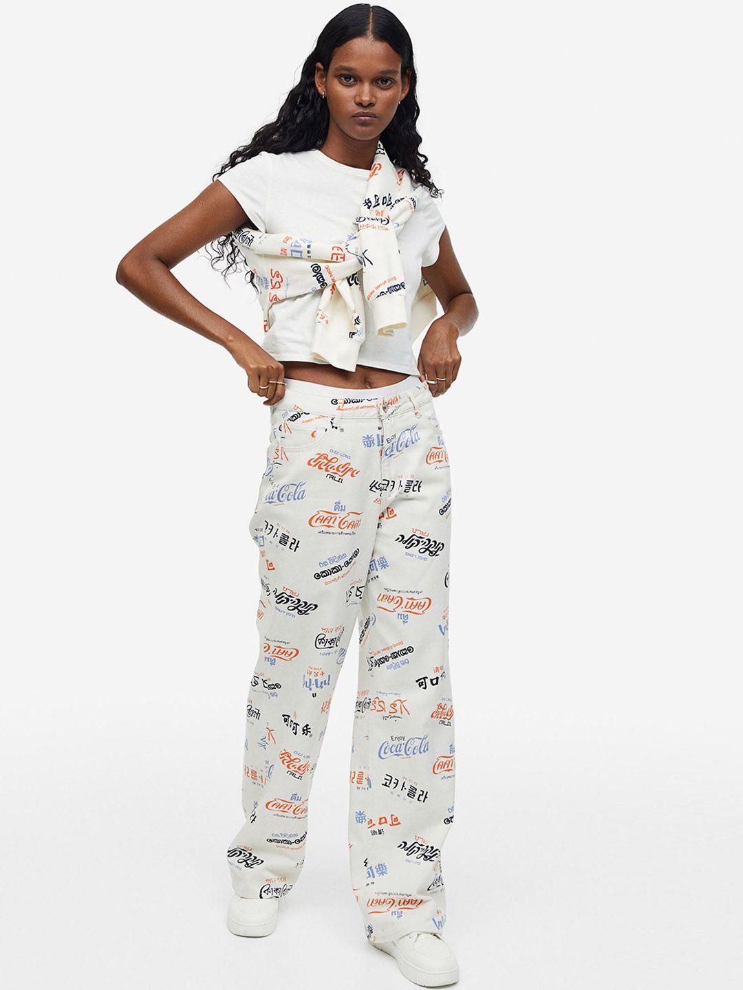 h&m women pure cotton printed twill trousers