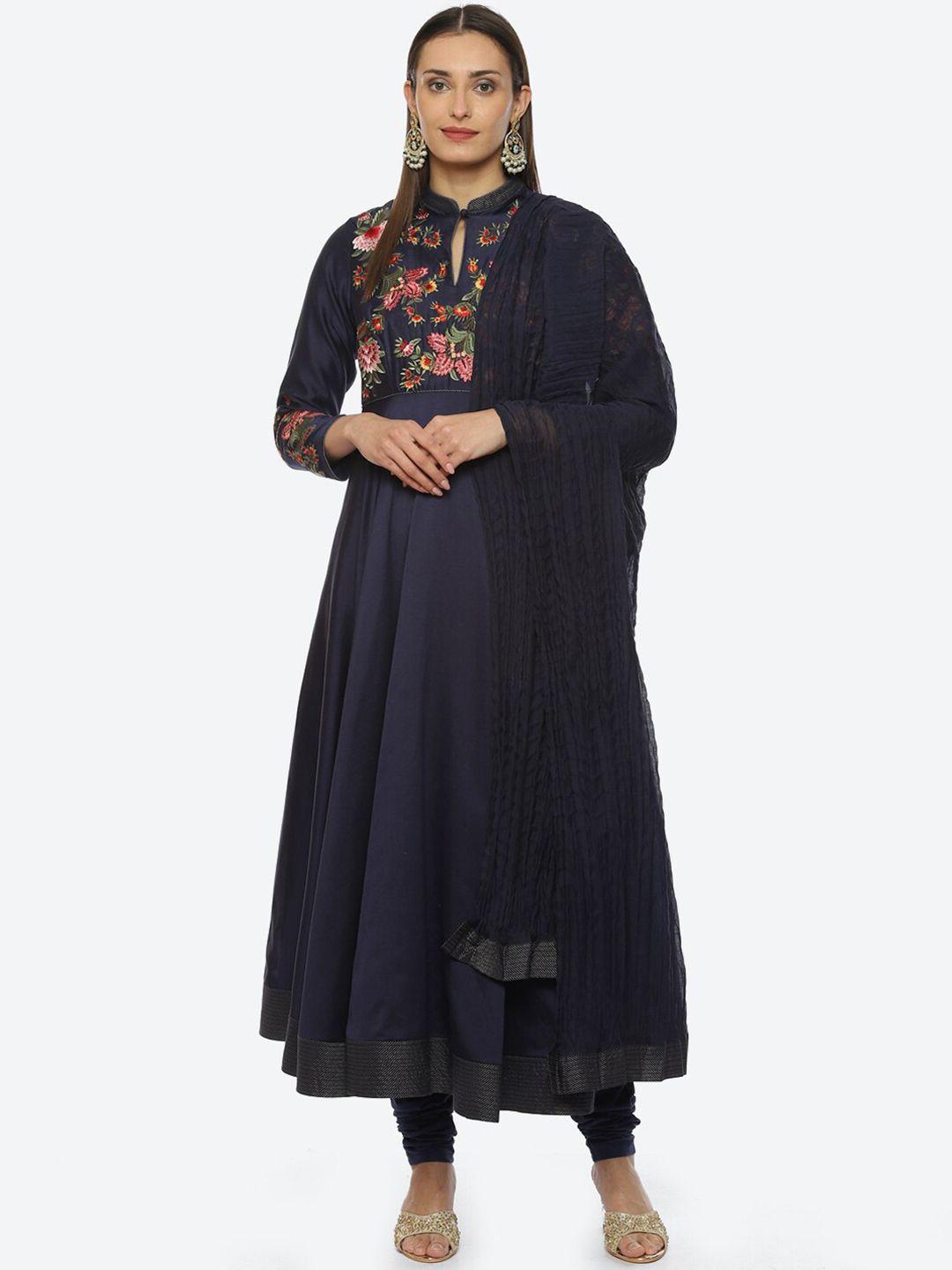 biba floral embroidered chanderi silk kurta with churidar & dupatta