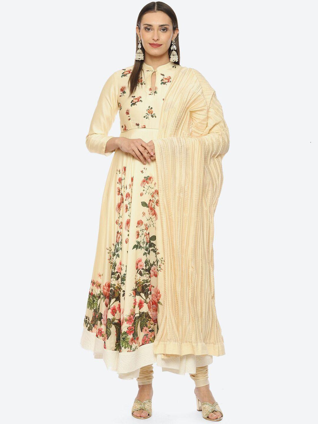 biba floral printed chanderi silk kurta with churidar & dupatta by rohit bal