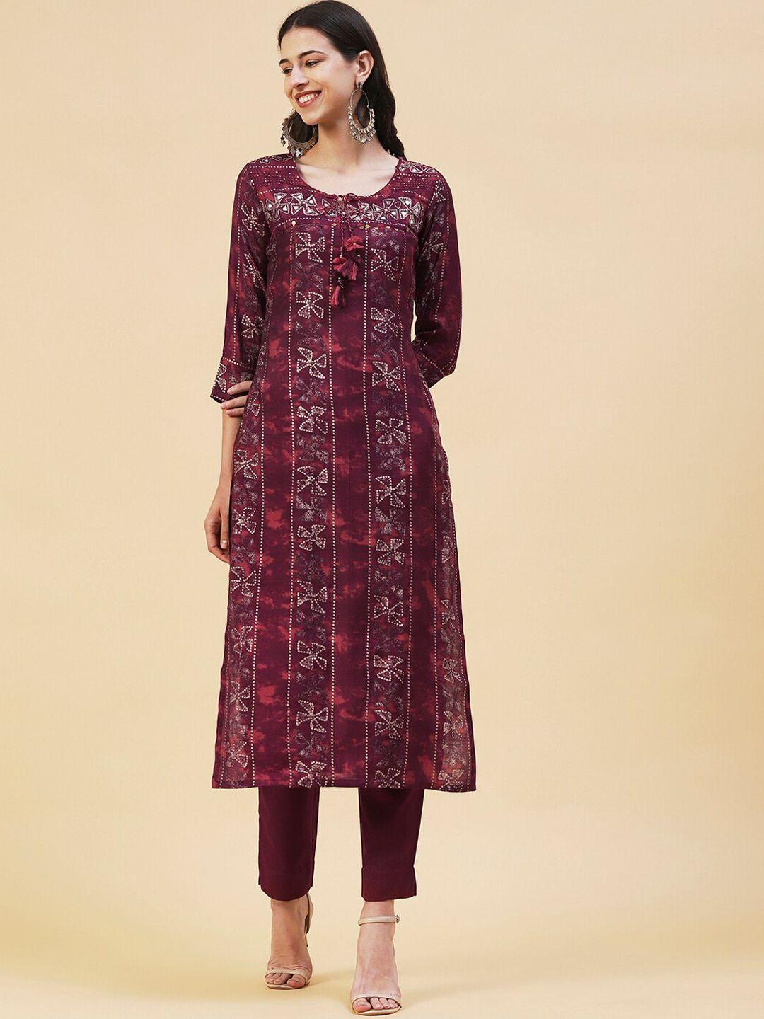 fashor straight bandhani printed kurta with trousers