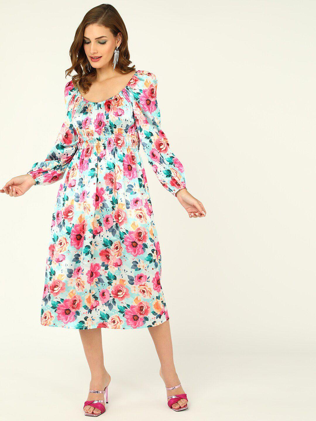 dodo & moa off-shoulder floral satin a-line midi dress