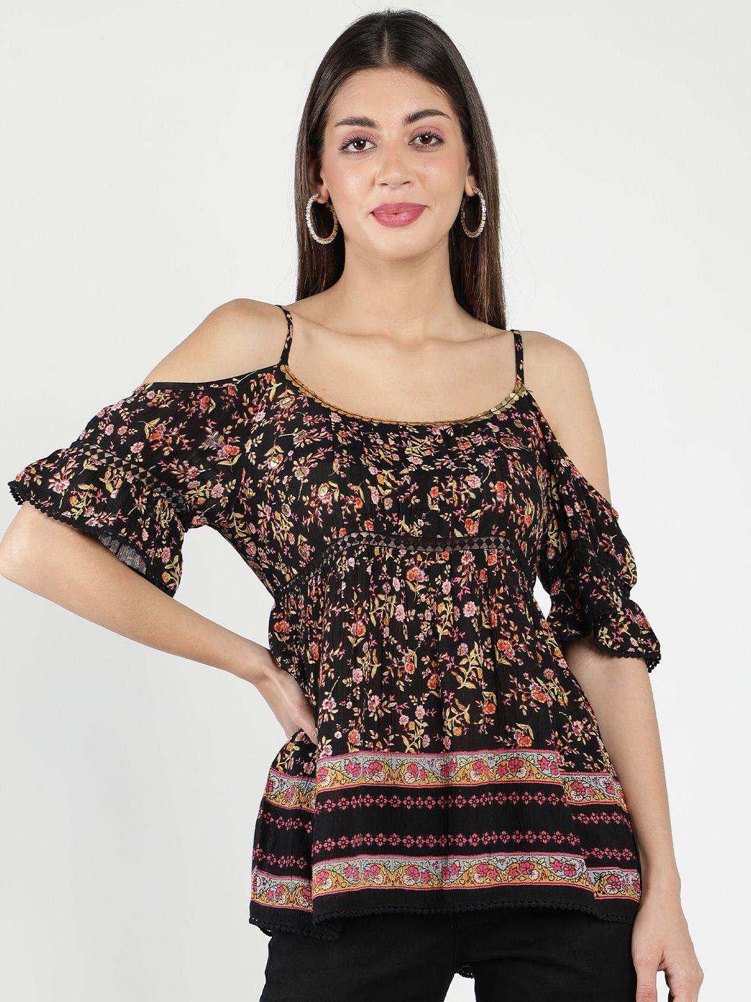 debonatella floral printed cold-shoulder sleeves cut-outs detail top