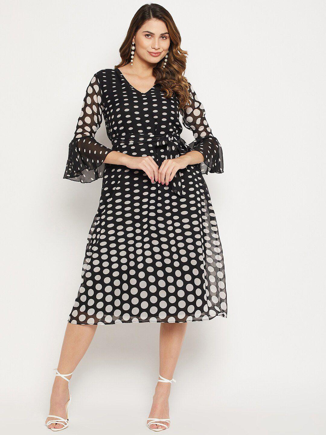 bitterlime polka dots printed tie-up detail belted georgette a-line midi dress