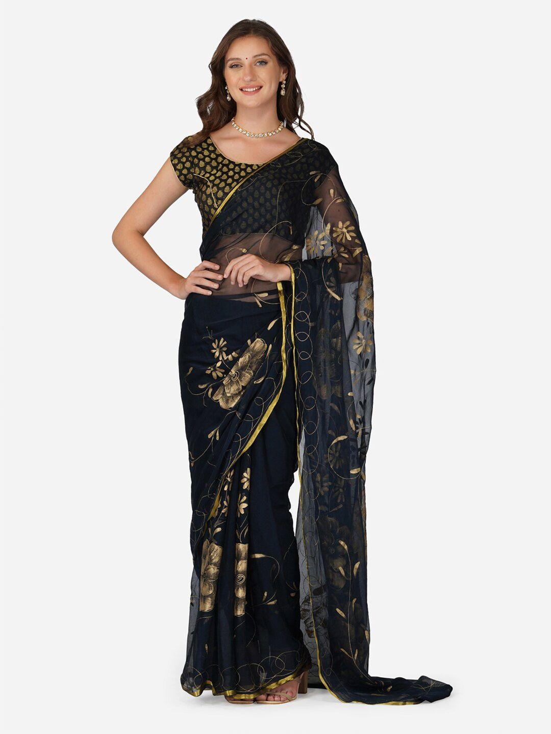 clafoutis floral pure chiffon block print saree