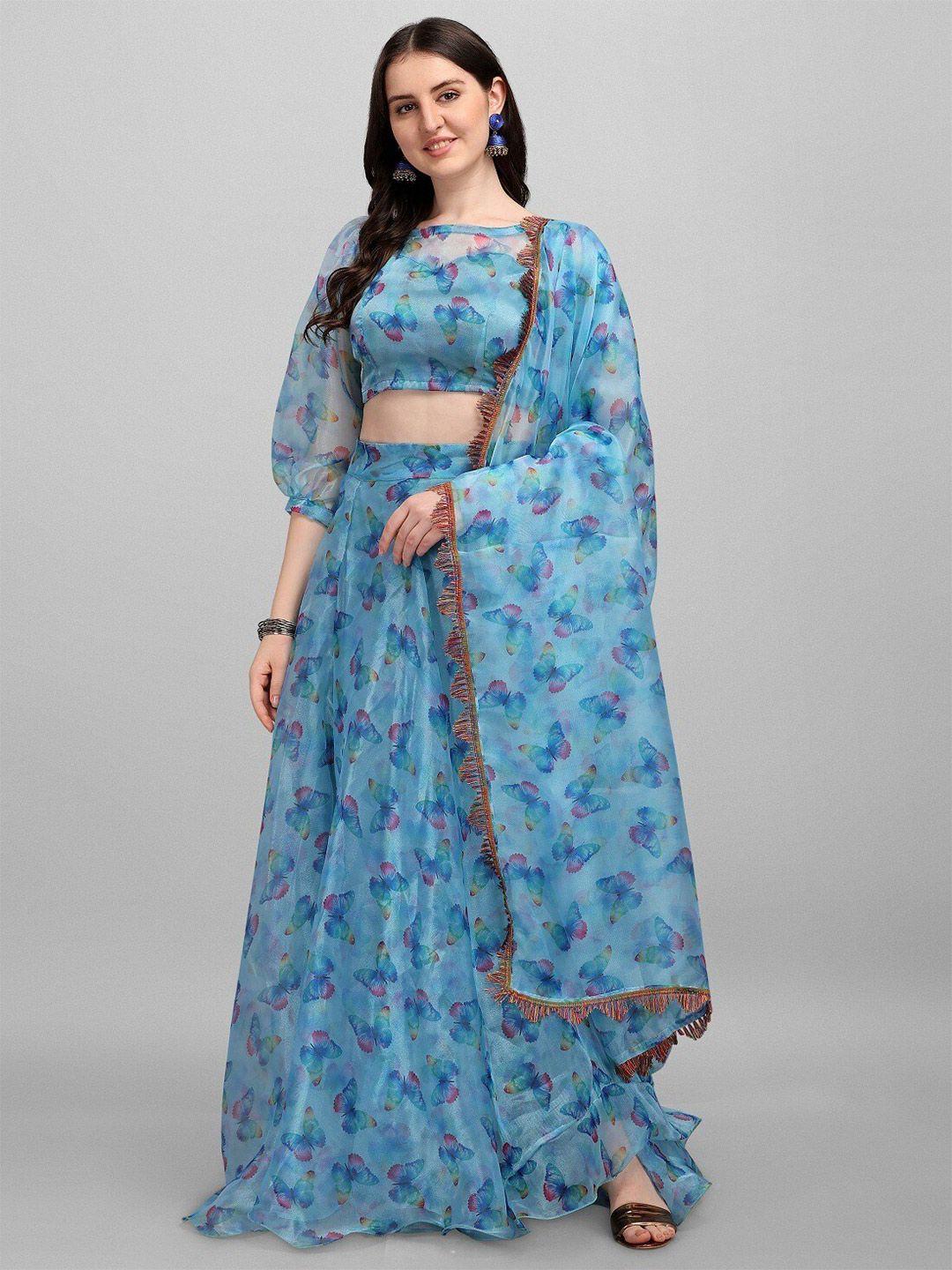 ethnic yard printed organza semi-stitched lehenga & unstitched blouse with dupatta