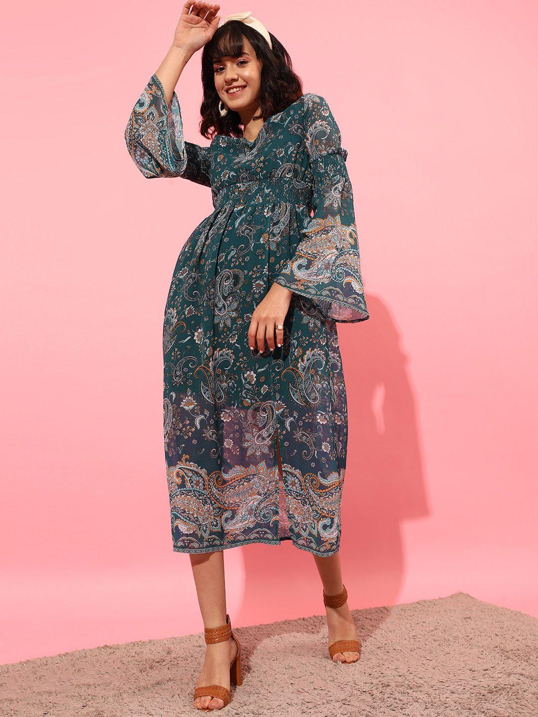 street 9 bell sleeves printed chiffon midi a-line dress