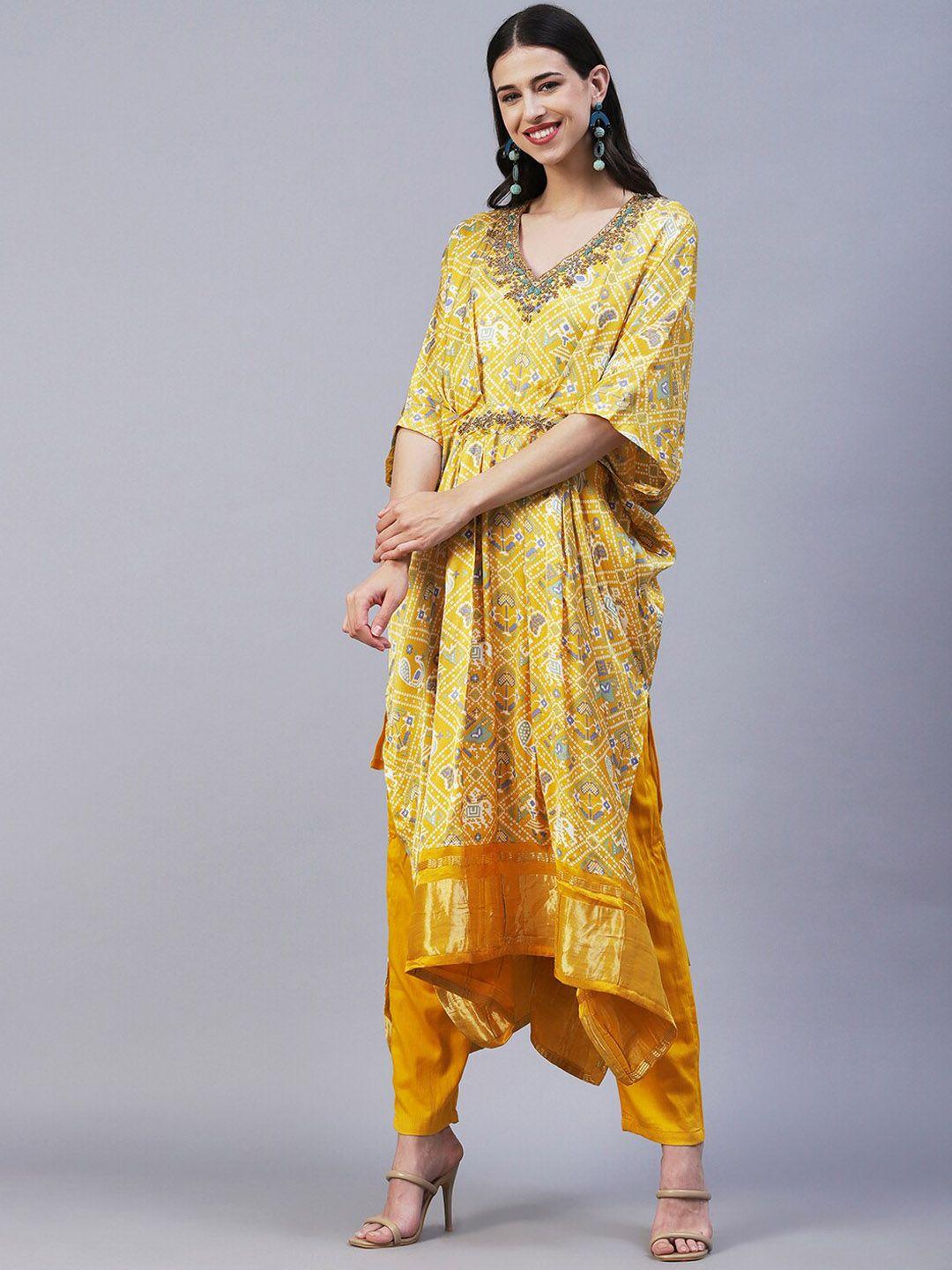 fashor v-neck ethnic motifs printed beads & stones kaftan kurta with trousers