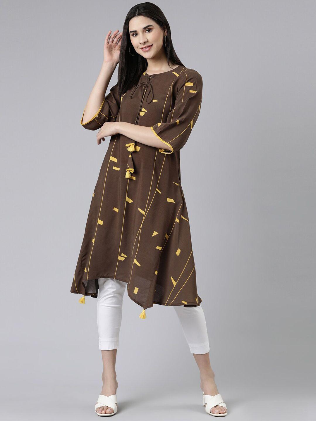 neerus  geometric printed tie-up neck cotton  kurta