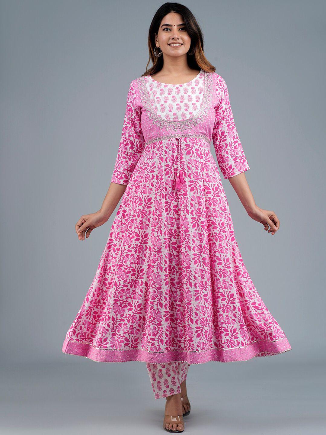 kalini round neck floral printed thread work anarkali kurta with trousers & dupatta