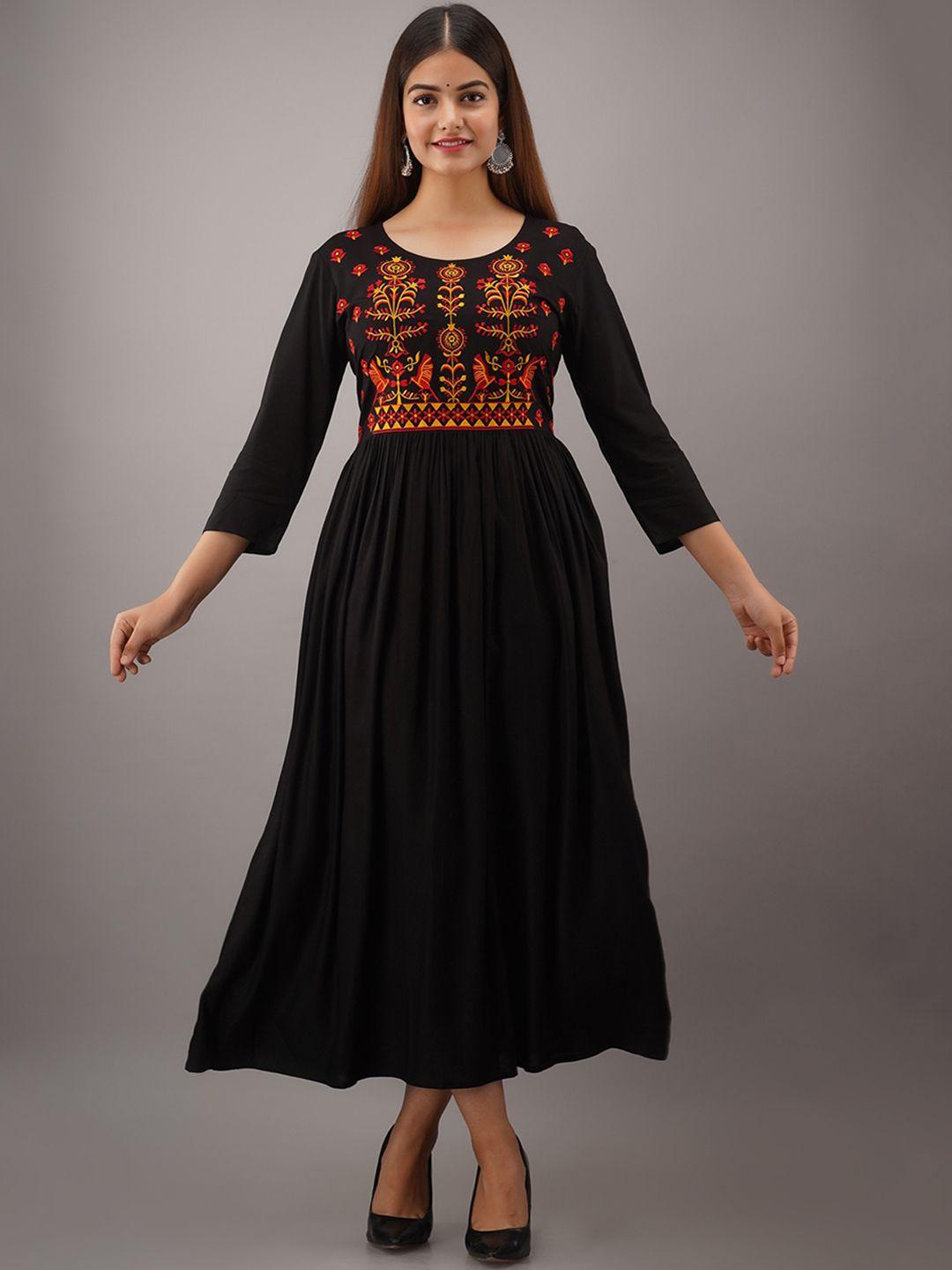 women touch ethnic motif embroidered midi fit and flare ethnic dress