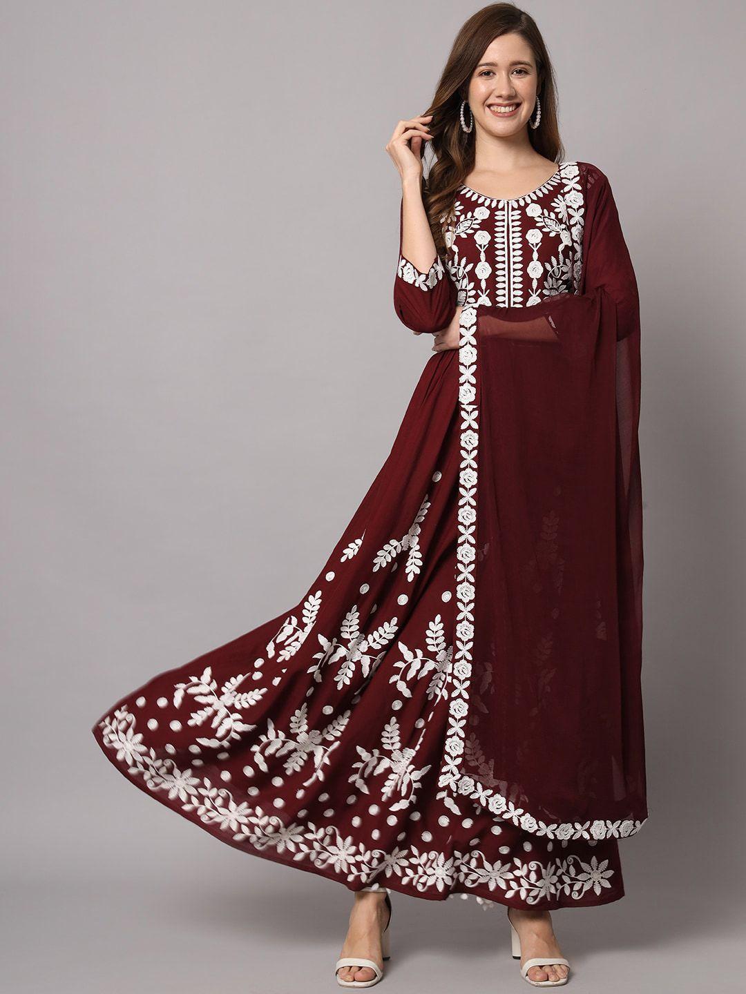 meeranshi floral embroidered pleated thread work kurta with palazzos & dupatta