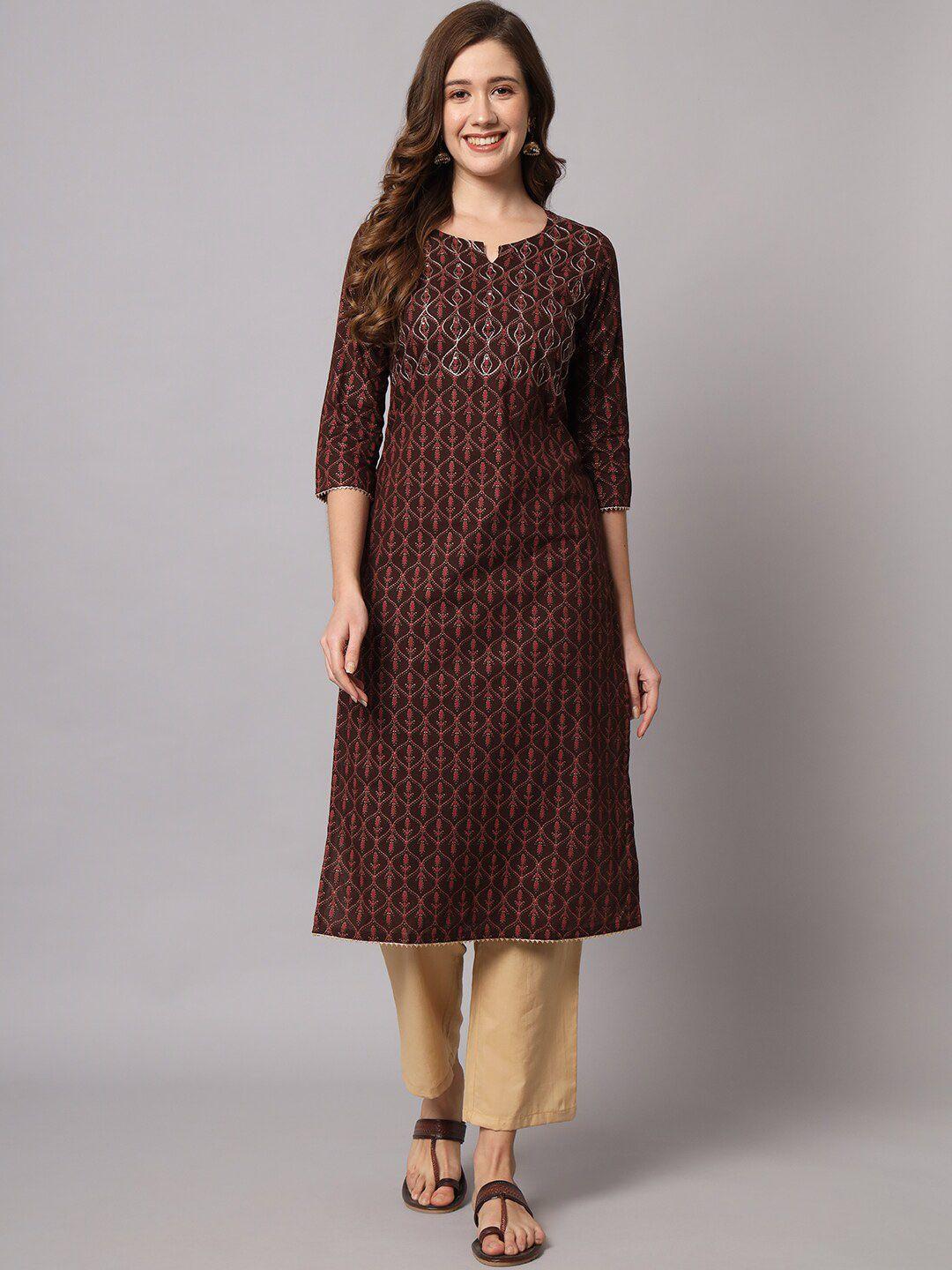 meeranshi ethnic motif printed thread work notch neck kurta with trousers