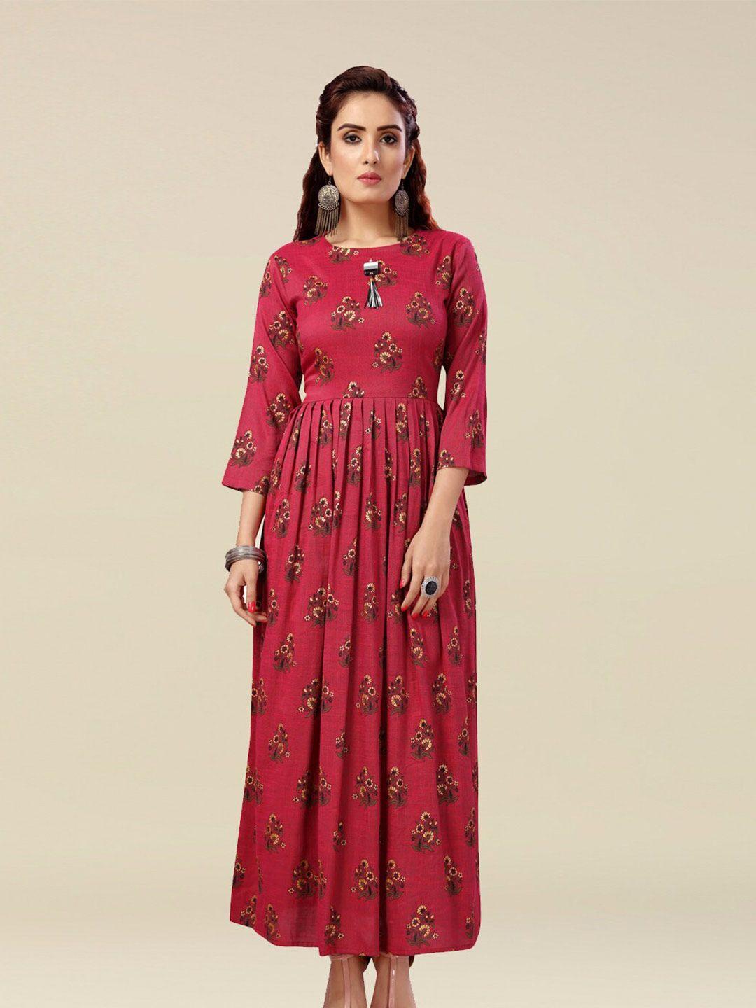 madhuram ethnic motif printed pleated maxi fit and flare ethnic dress