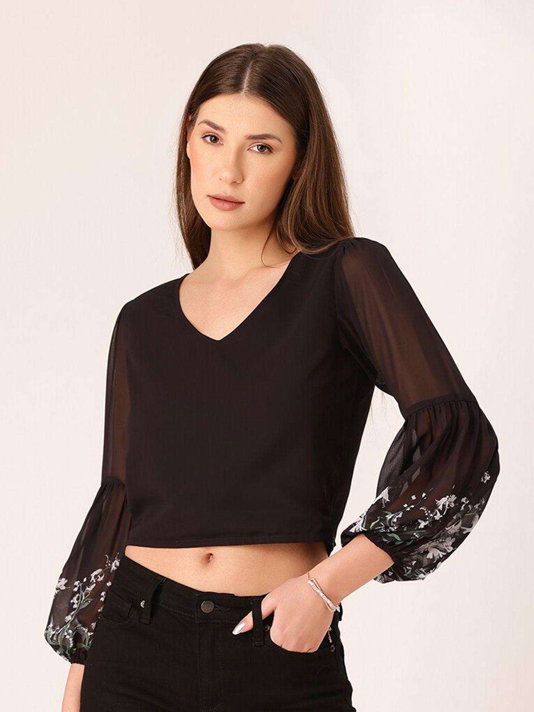 dressberry v-neck printed puffed sleeves georgette crop top