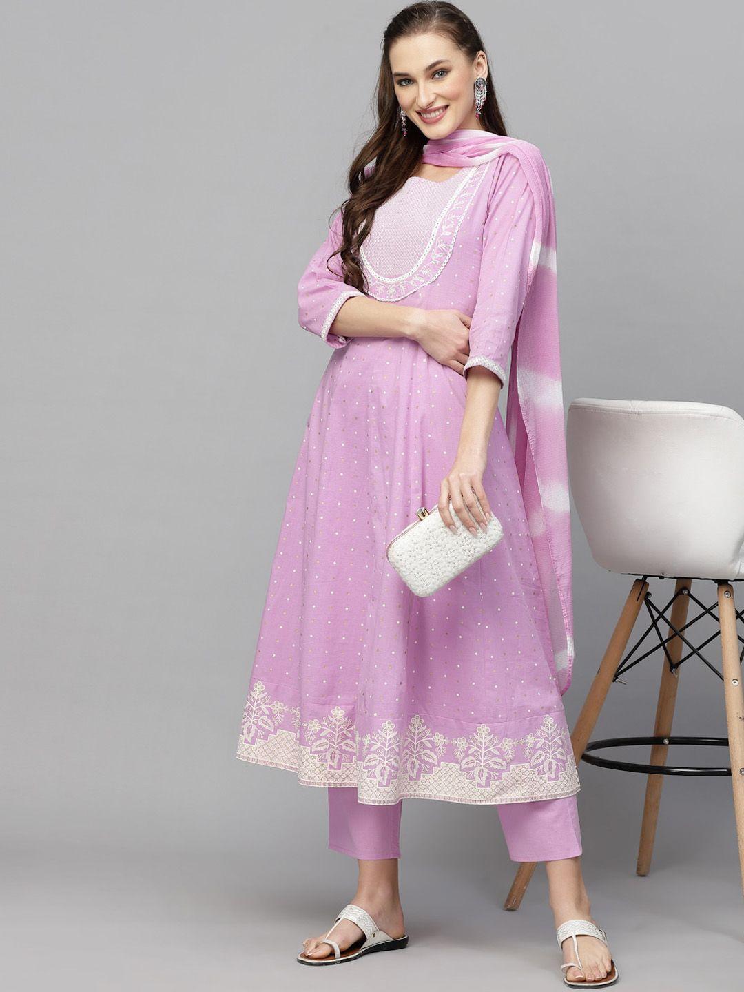 stylum printed thread work pure cotton anarkali kurta with trousers & dupatta