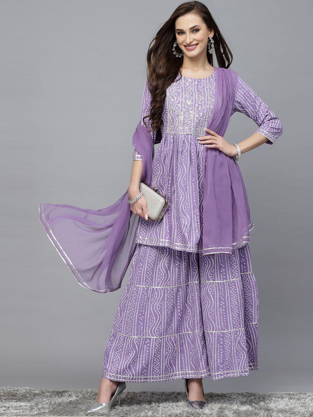 stylum bandhani embroidered empire kurta with sharara & dupatta