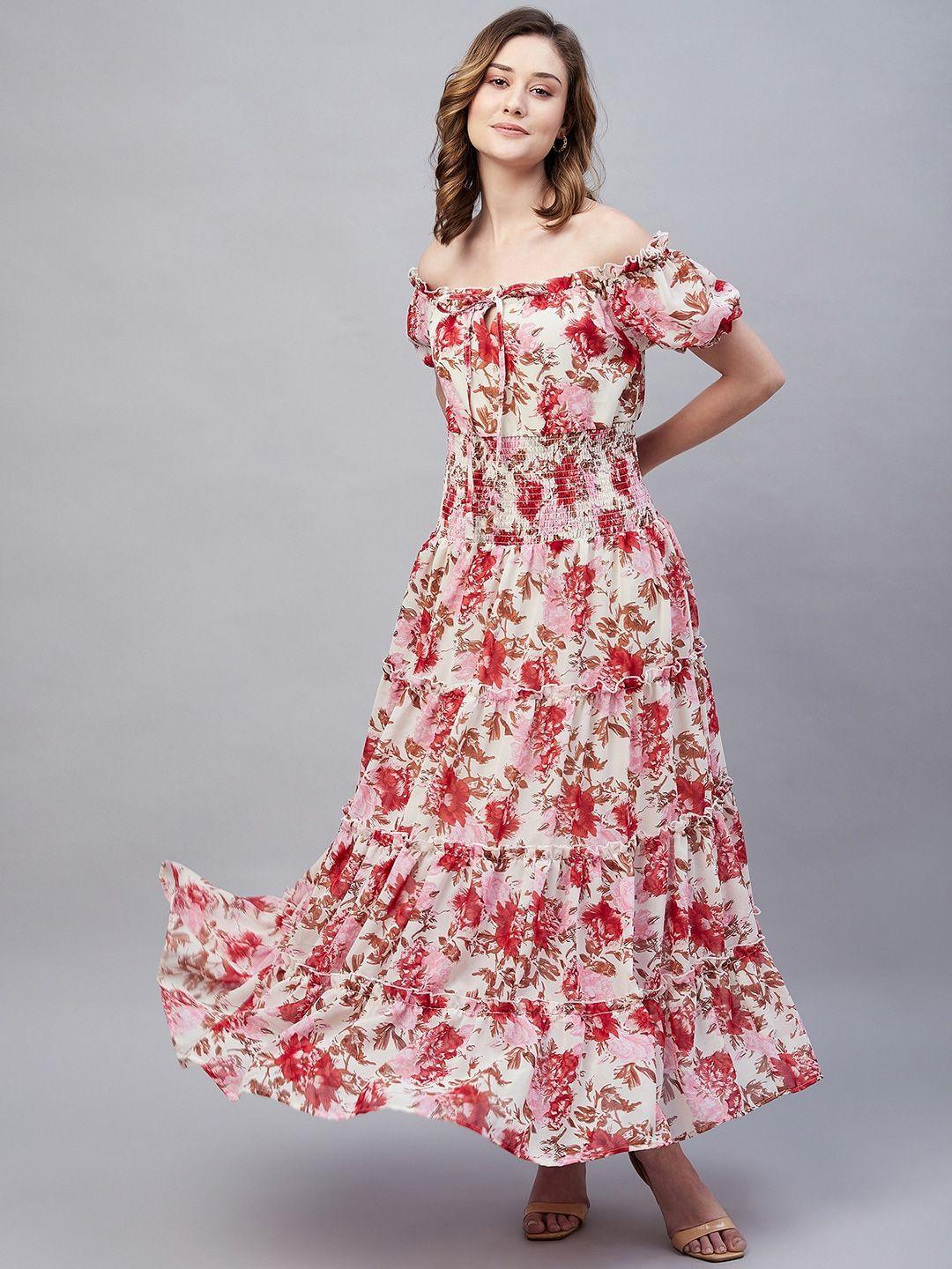 rare floral printed off-shoulder tiered smocked maxi dress