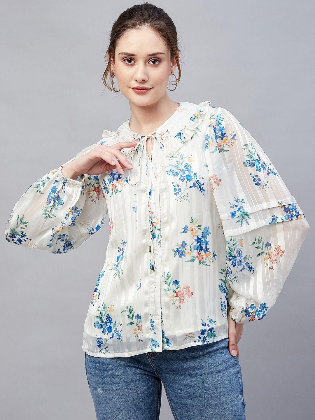 marie claire floral printed tie-up neck ruffles puff sleeves top