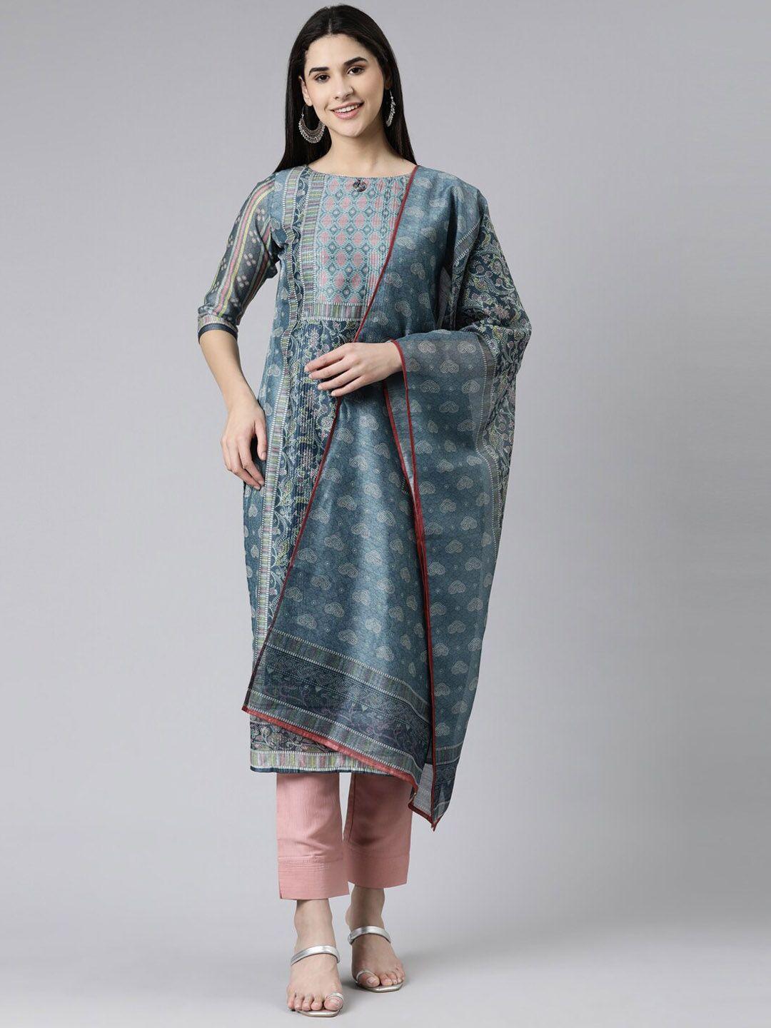 neerus embroidered boat neck straight kurta with trousers & with dupatta