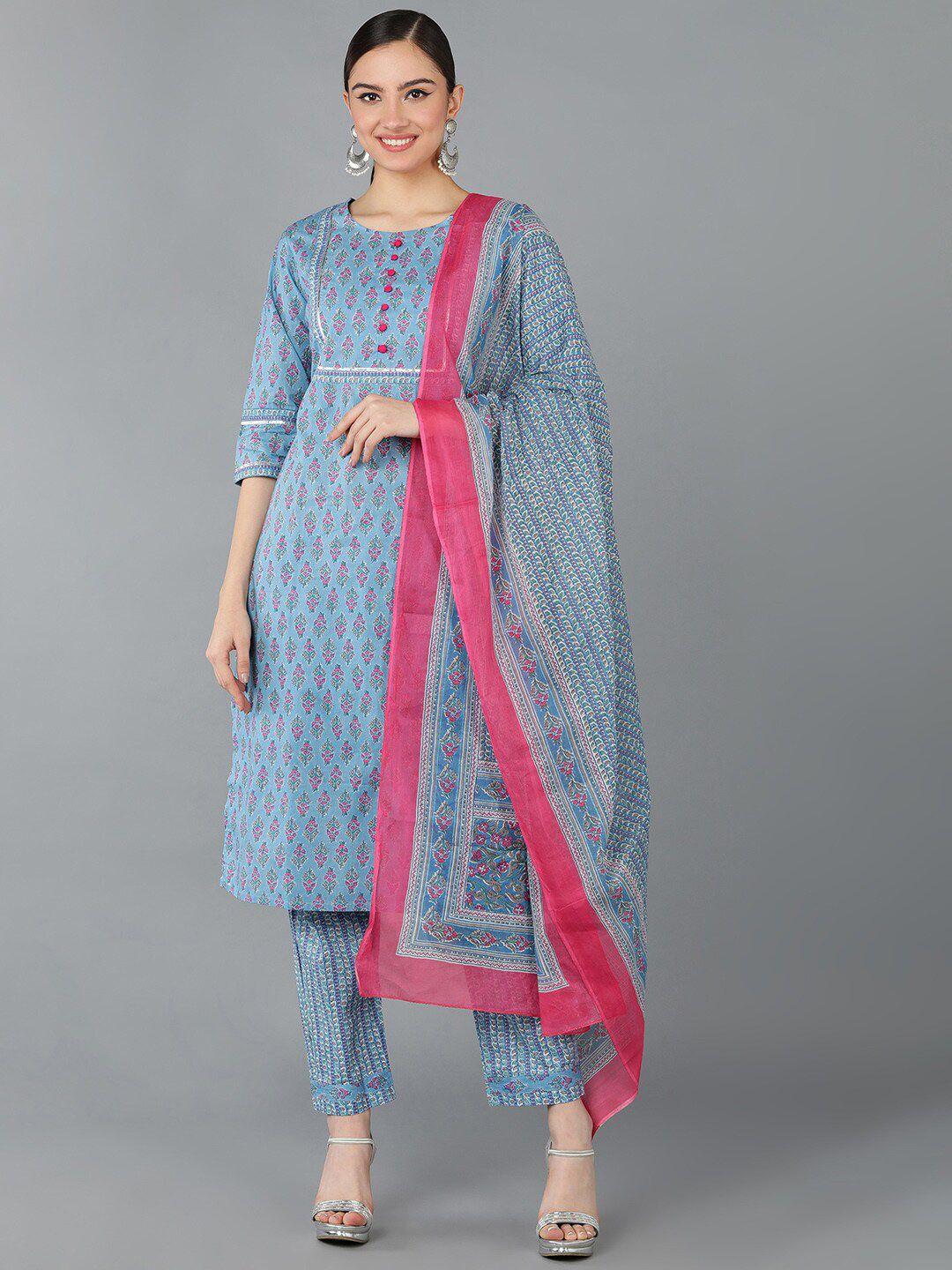 senyora floral printed gotta patti pure cotton kurta with trousers & dupatta