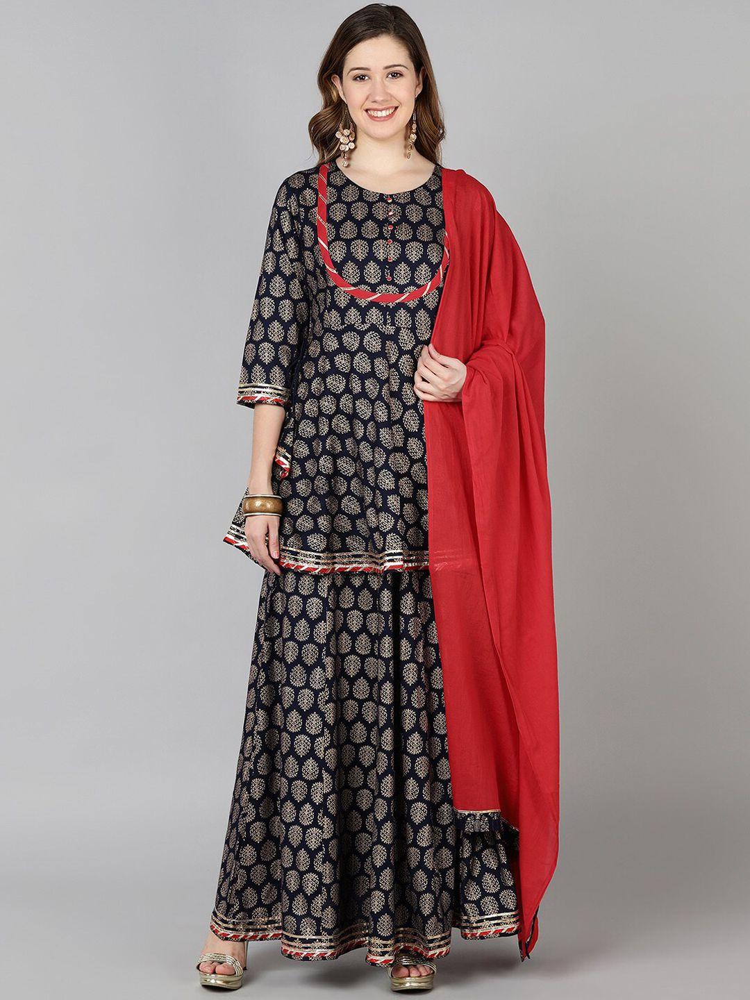 senyora printed round neck a-line kurta with skirt & with dupatta