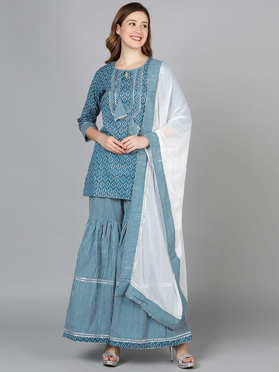 senyora printed pure cotton tie-up neck straight kurta with sharara & with dupatta