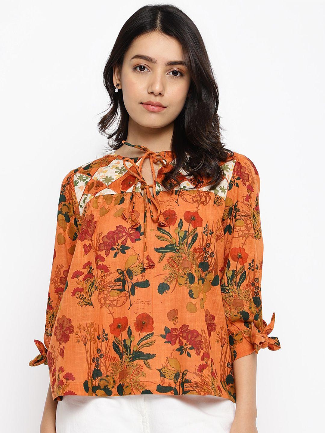 fabindia floral printed tie-up neck puff sleeves cotton top