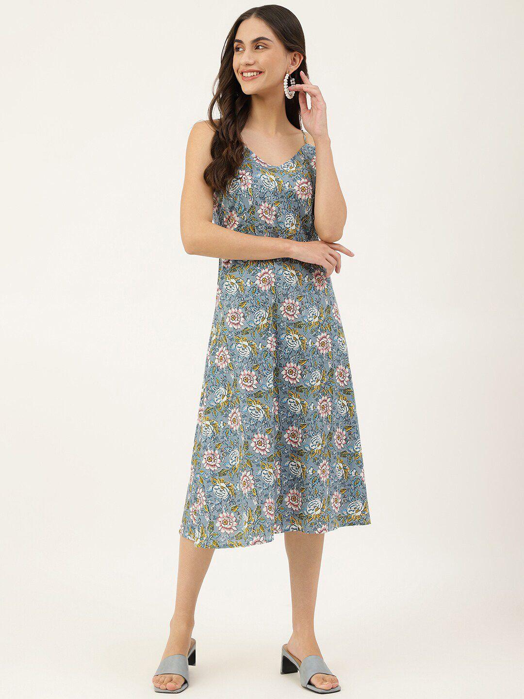 deckedup cotton floral printed a-line midi dress