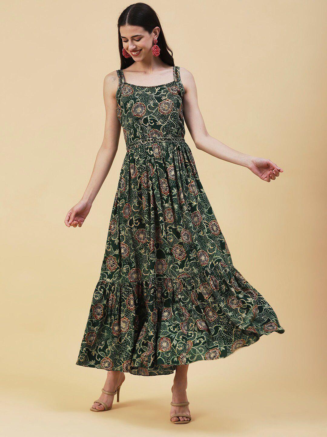 fashor mirror & bead work shoulder strap floral printed fit & flare maxi dress