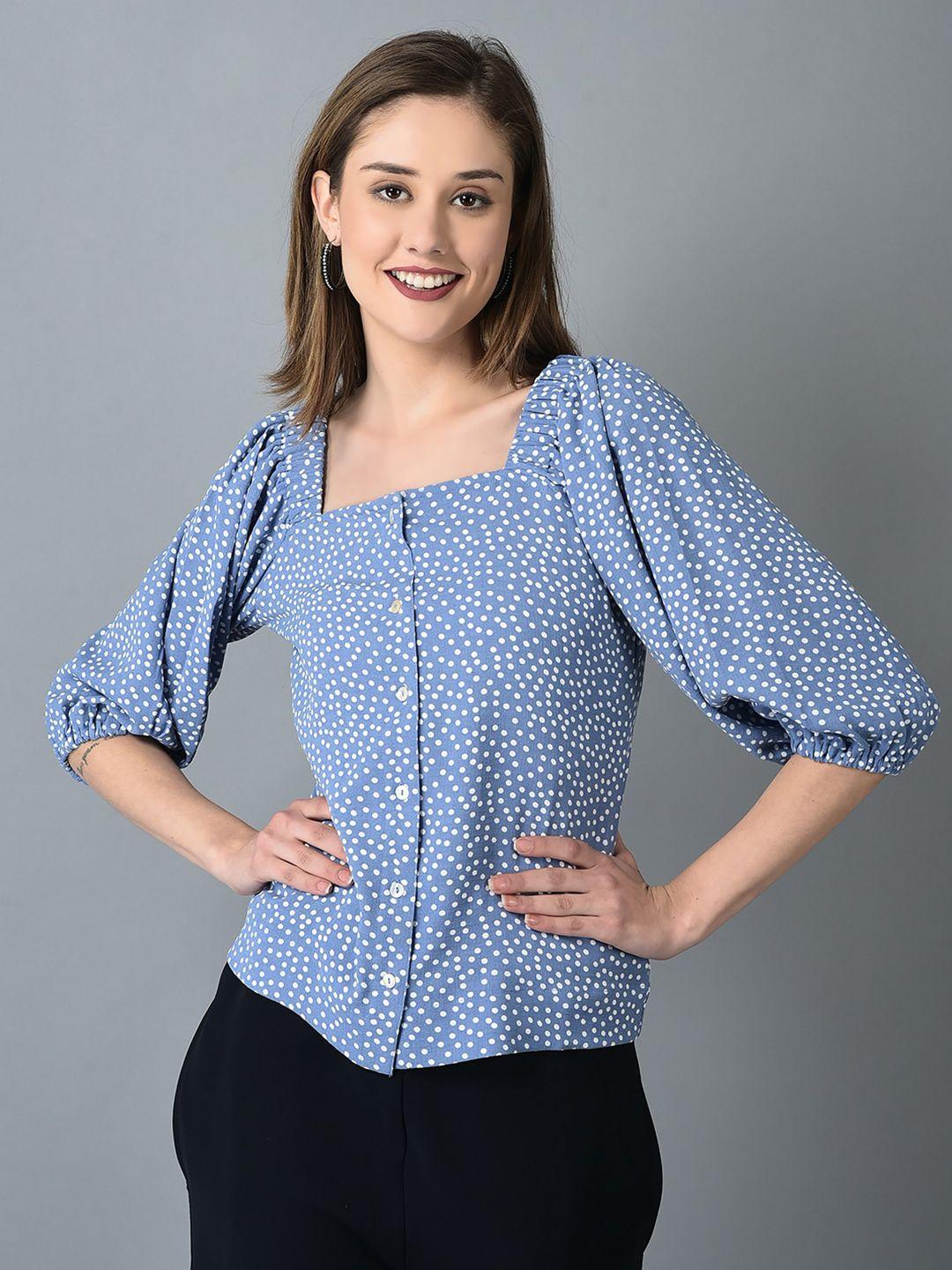 canoe polka dots print puff sleeves shirt style top