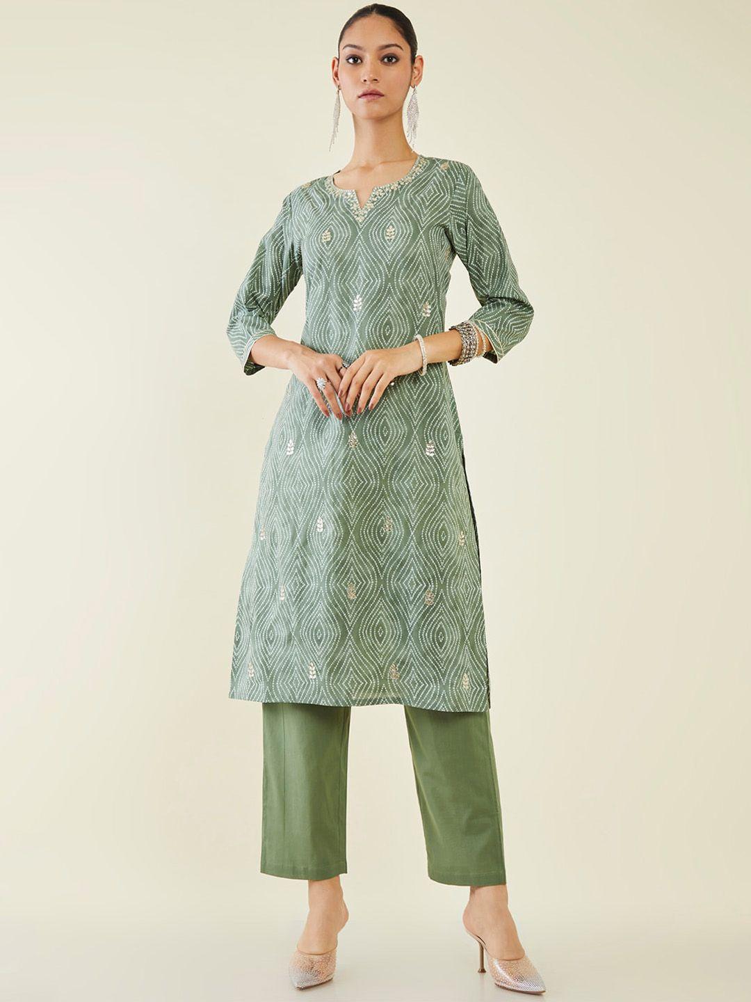 soch bandhani printed beads & stones pure cotton kurta with trousers