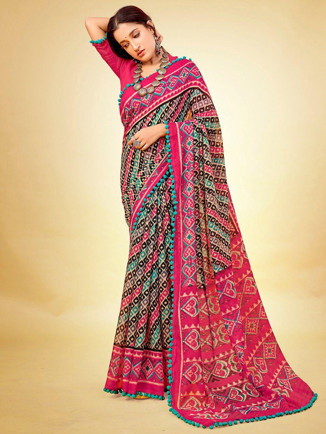 anouk geometric printed pom-pom saree