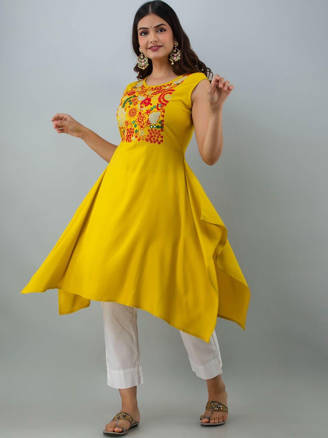 women touch yoke design thread work asymmetric kurta