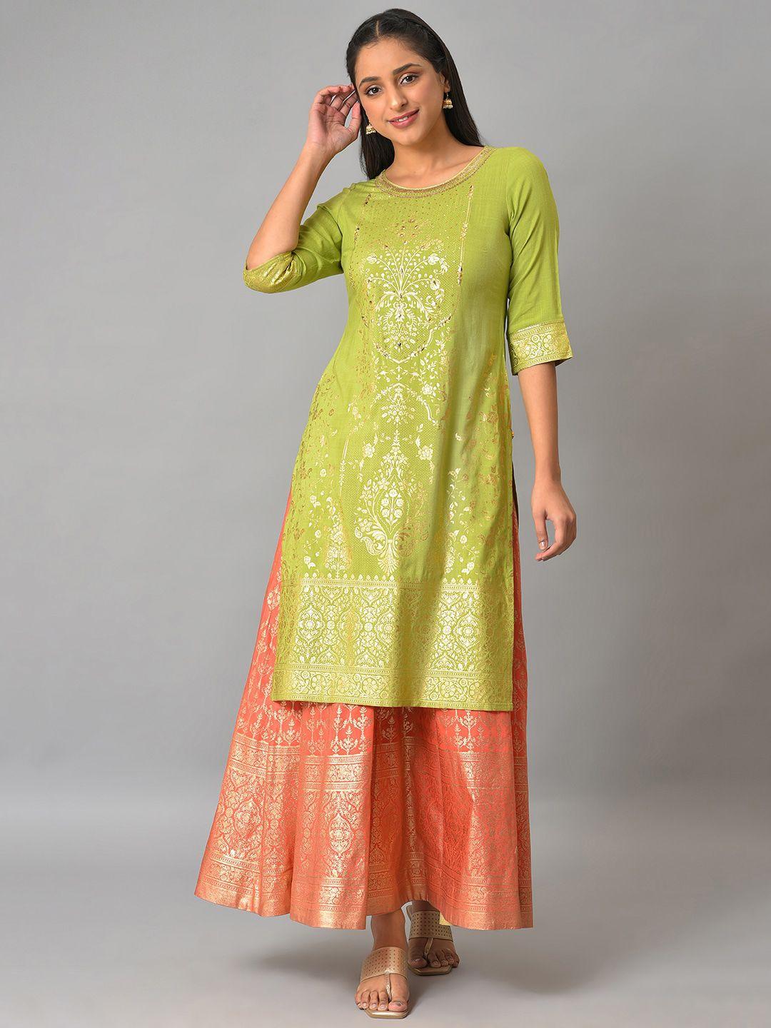 aurelia ethnic motifs foil printed beads & stones straight kurta