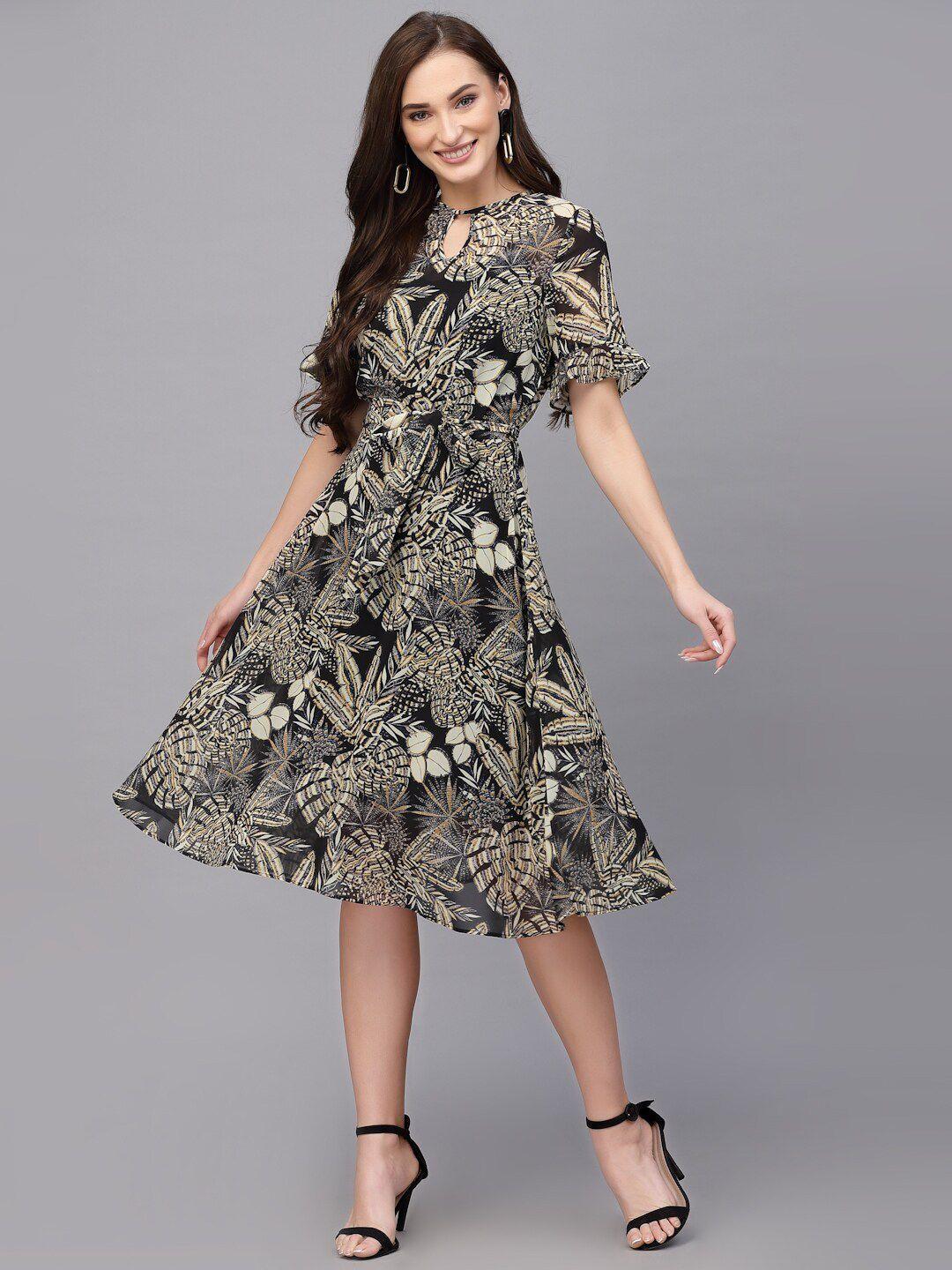 valbone floral printed keyhole neck fit and flare midi dress