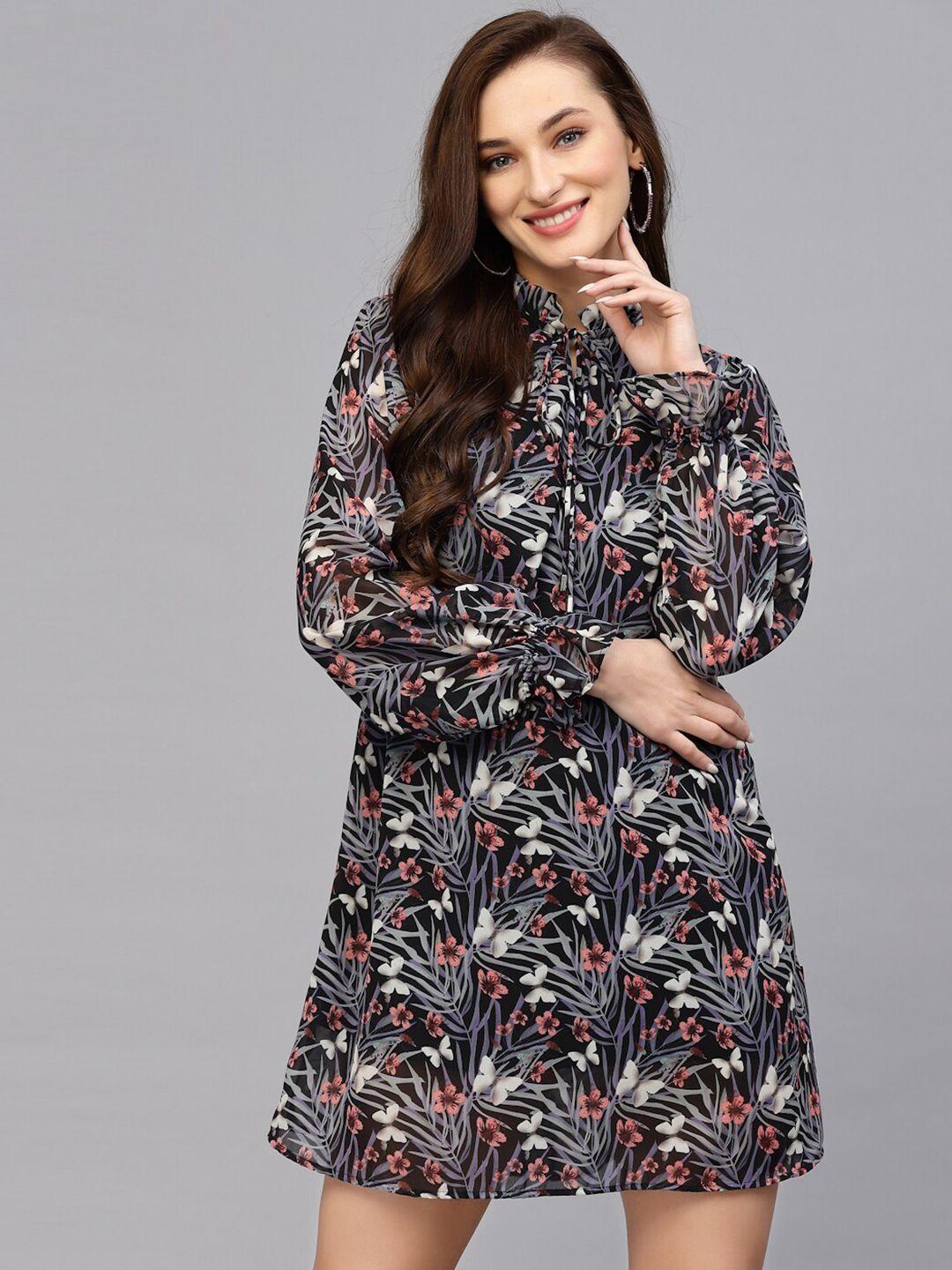 valbone floral printed tie-up neck above knee a-line dress