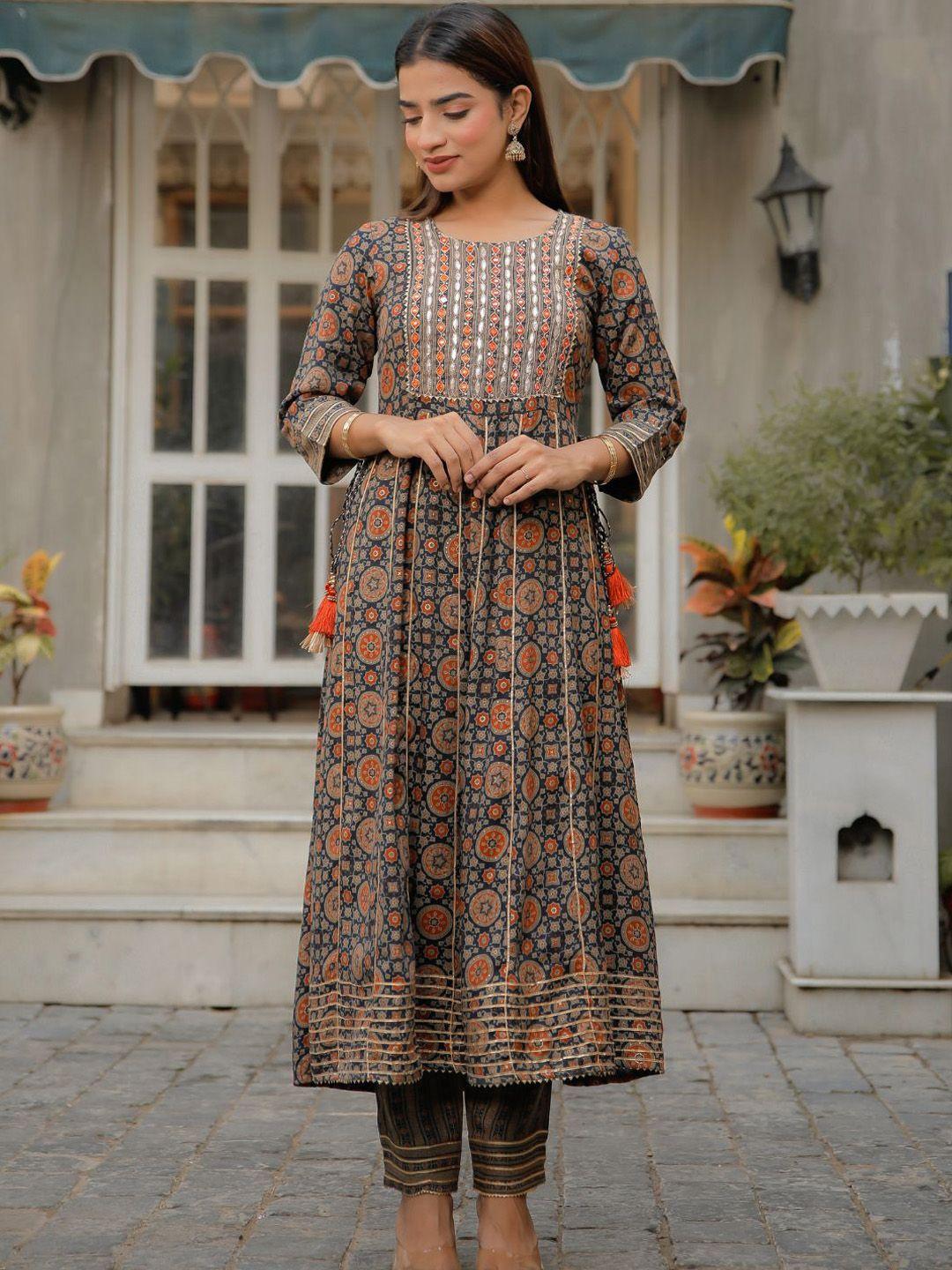 zolo label ethnic motifs printed thread work pure cotton kurta with trousers & dupatta