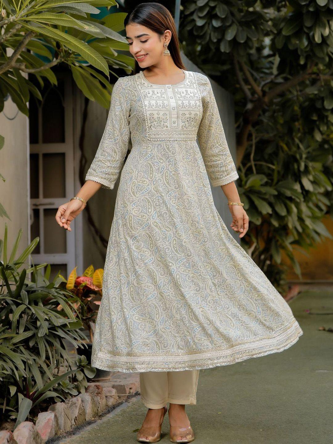 zolo label printed thread work pure cotton anarkali kurta with trousers & dupatta