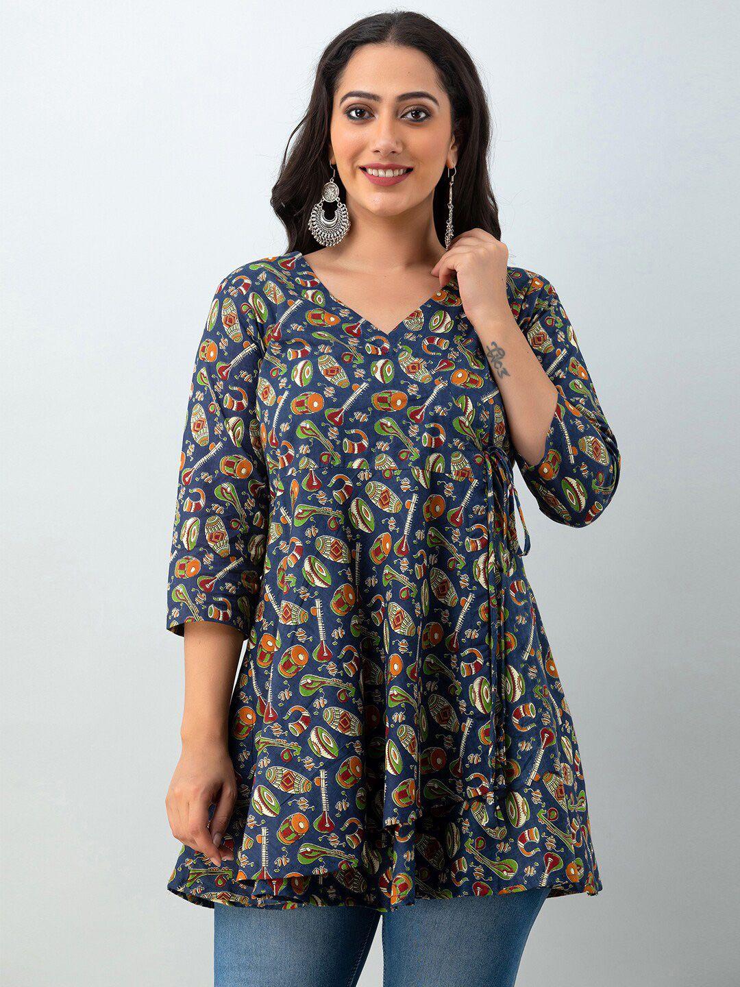 feranoid ethnic motifs printed v-neck pure cotton angrakha kurti