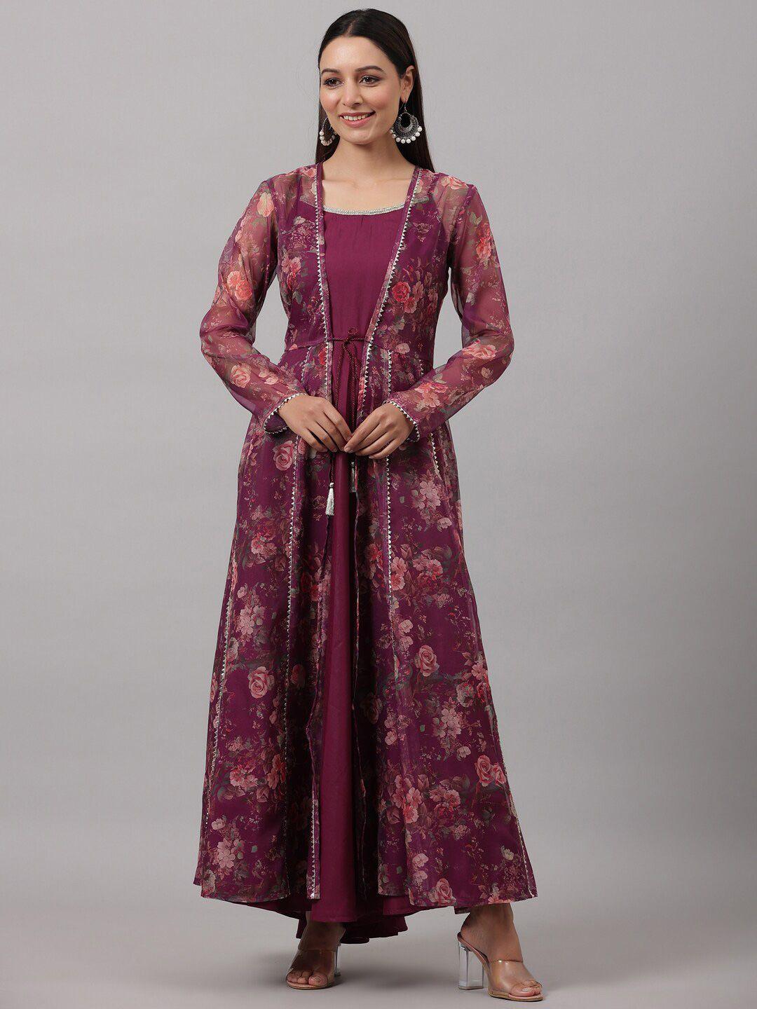 do dhaage maxi ethnic dress with floral printed organza jacket